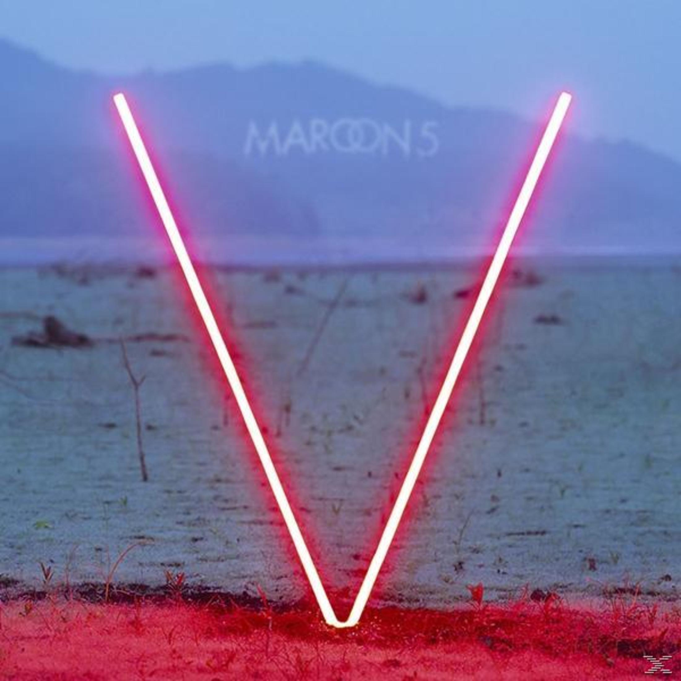 Copertina dell'album: Logo Maroon 5 in rosso neon, forma a V su un paesaggio. Testo: Maroon 5, V.