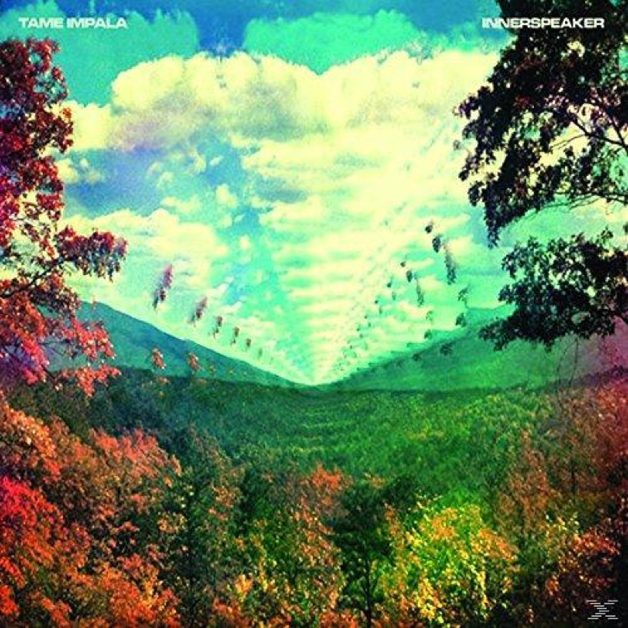 Copertina dell'album paesaggio. Scena surreale con cielo multicolore e colline verdi. Alberi agli angoli.