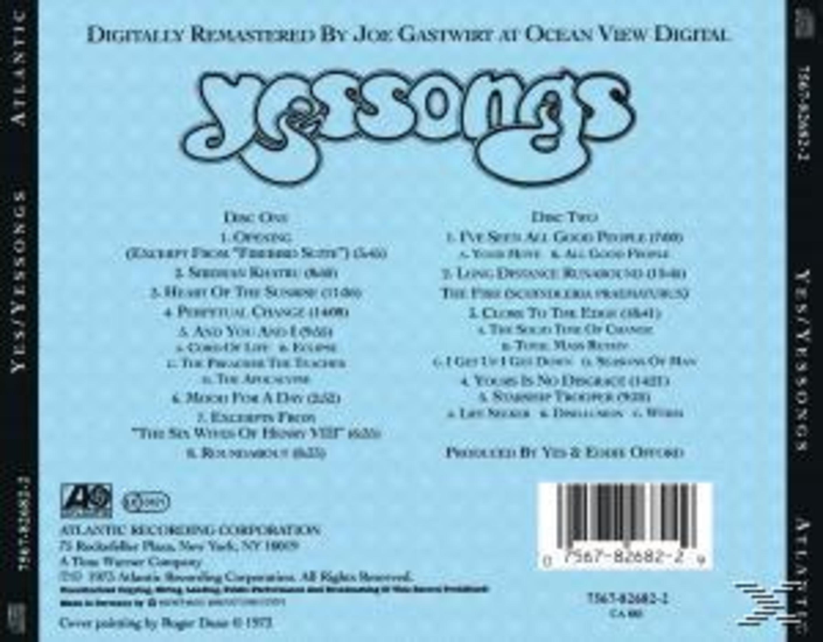 Copertina dell'album Yes/Yessongs. Mostra il testo su uno sfondo azzurro, con un codice a barre in basso.