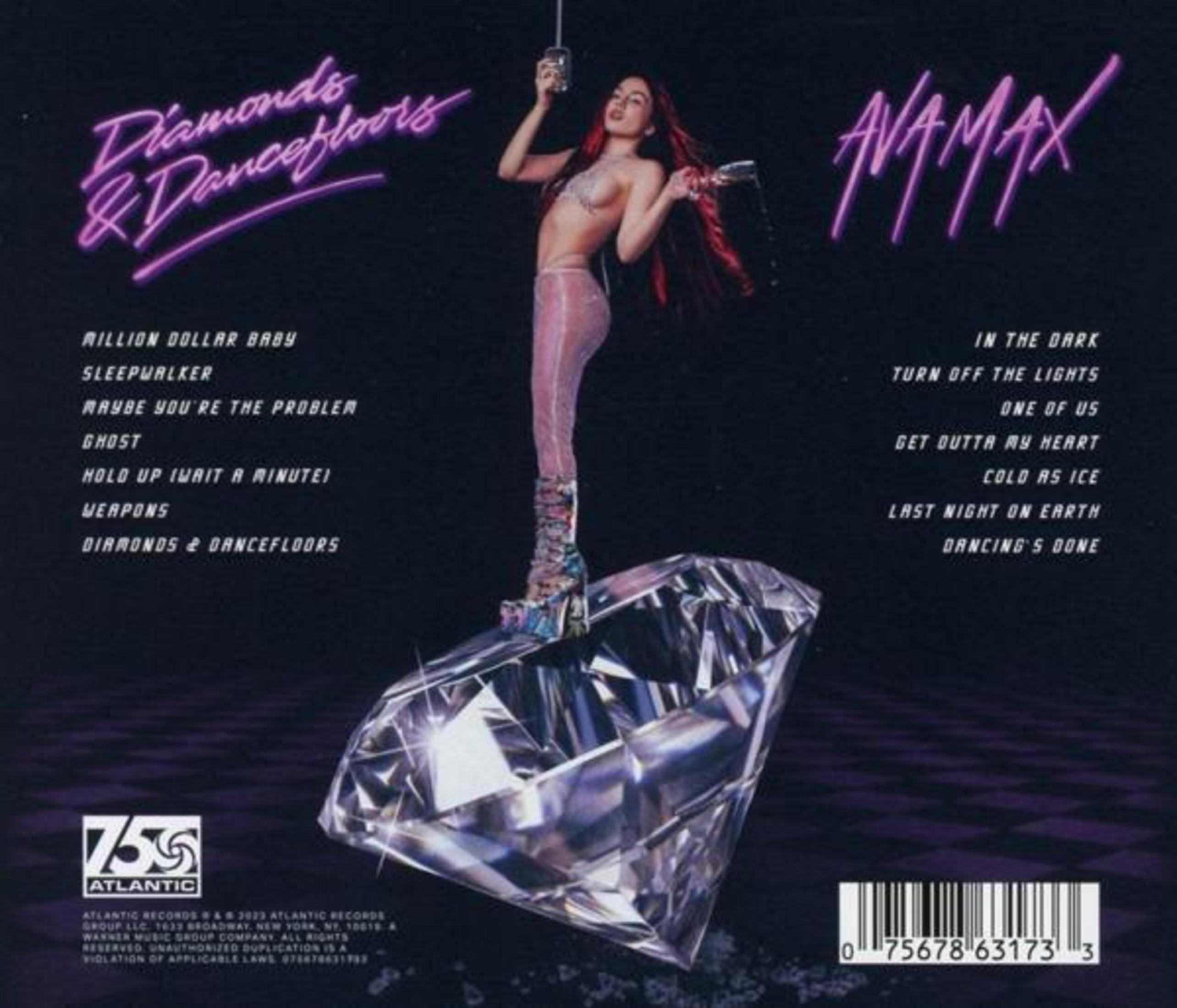 Albumcover mit einer Frau und einem Diamanten und einer Titelliste mit dem Text 'Diamonds & Dancefloors'.