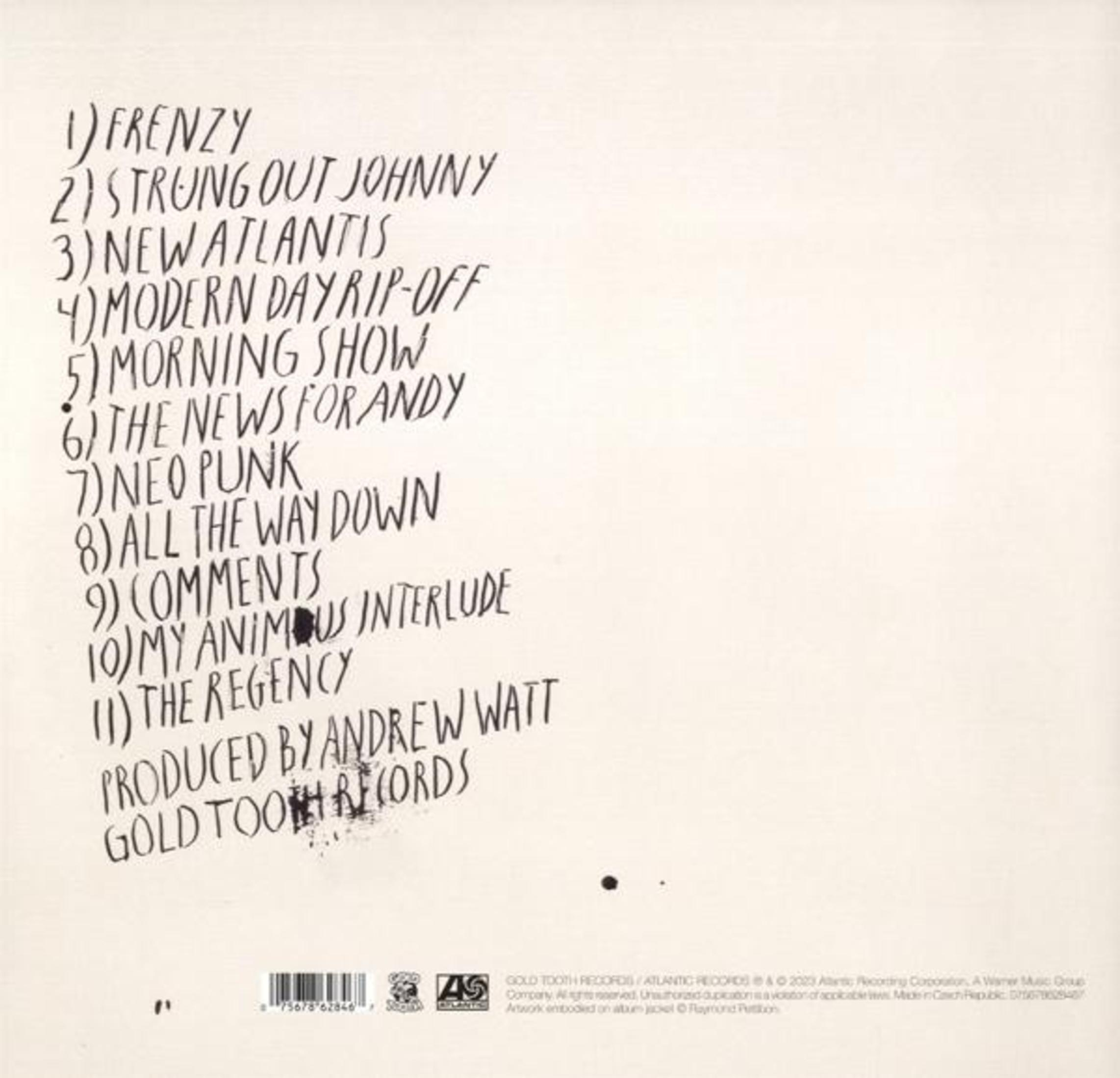 Retro copertina dell'album con un elenco manoscritto di titoli di canzoni, prodotto da Andrew Watt.