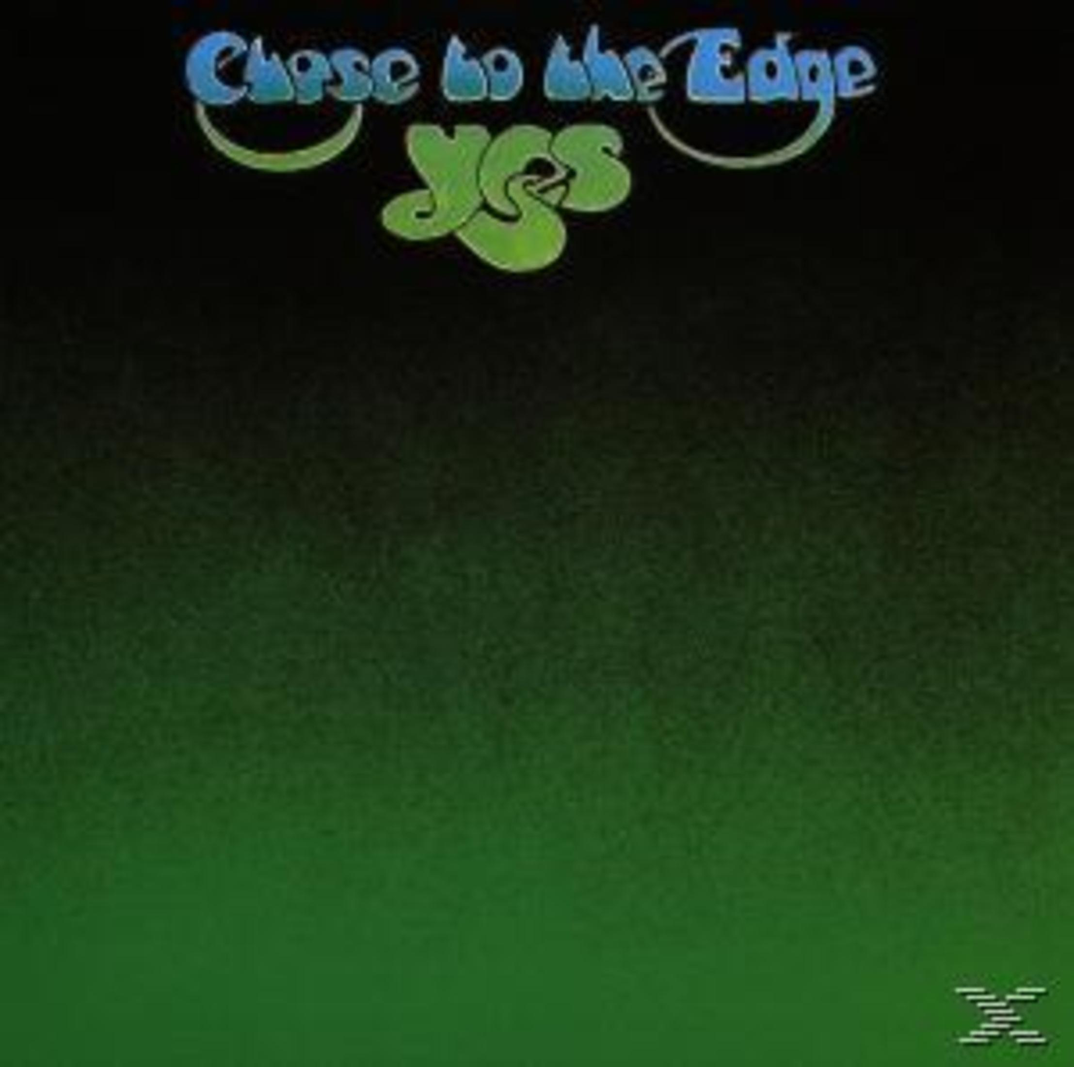 Copertina dell'album degli Yes, titolo in verde e blu. Il titolo è "Close to the Edge".