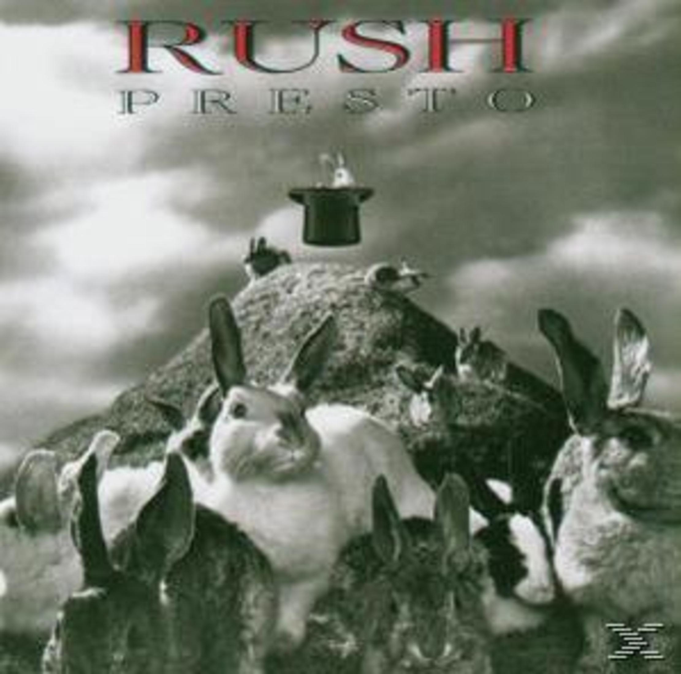 Copertina dell'album 'Presto' dei Rush. Conigli attorno a un cappello su una collina nuvolosa.