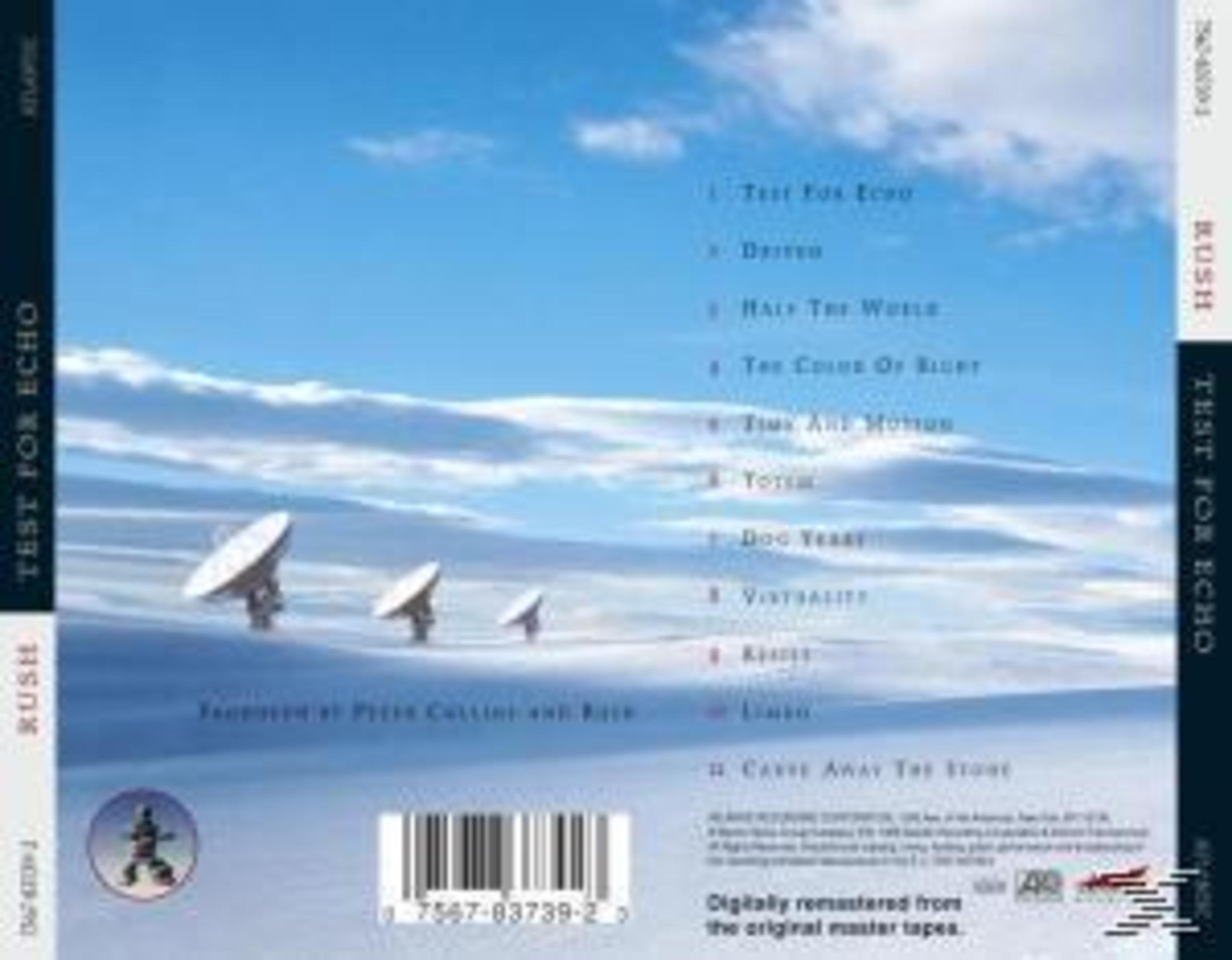 Albumhoes: Blauwe lucht, drie schotelantennes en tracklistdetails. Albumtitel is 'Test for Echo'.