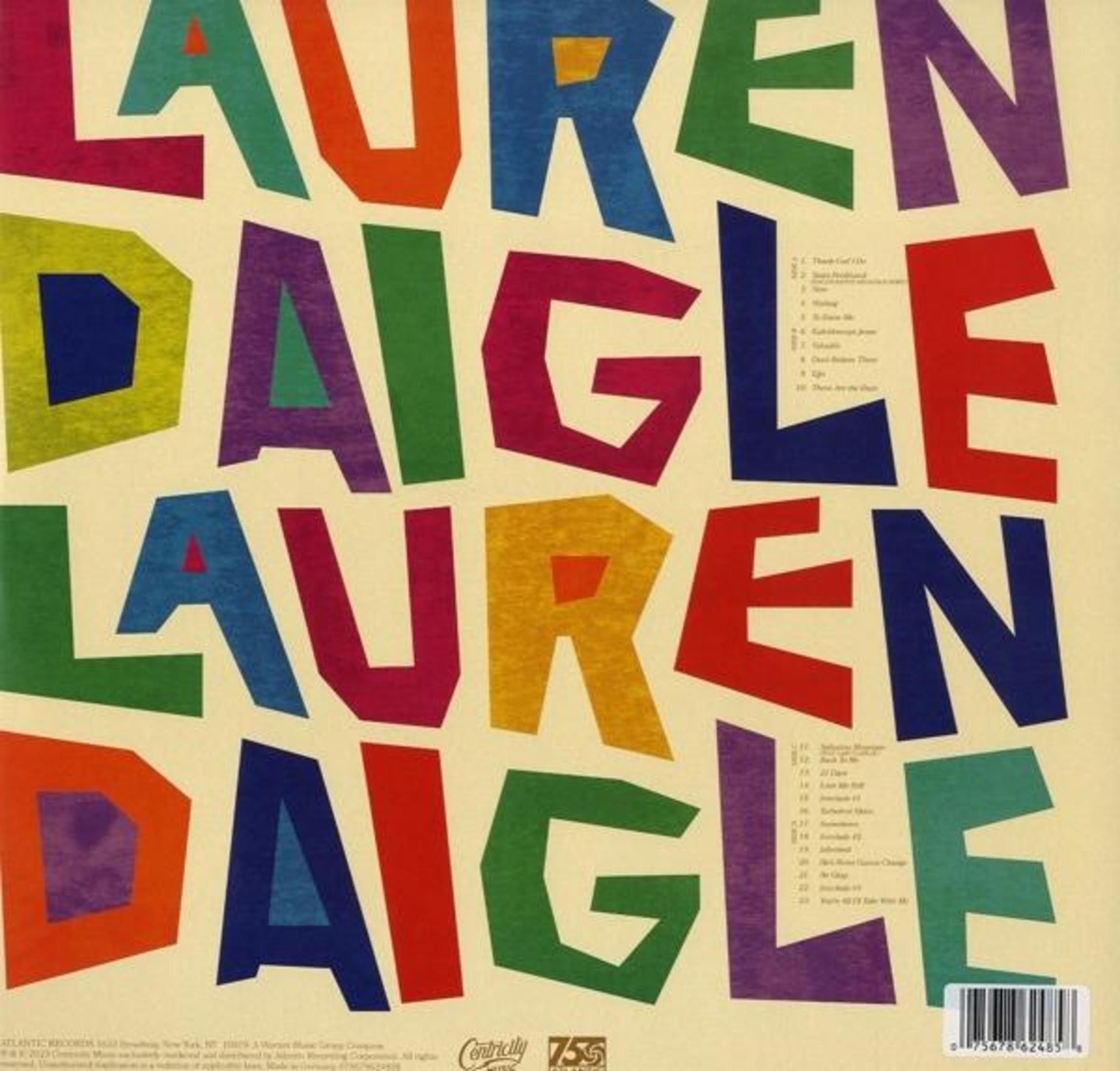 Contraportada del álbum: Diseño de texto colorido con títulos de canciones sobre un fondo amarillo claro. El nombre del artista es 'Lauren Daigle'.