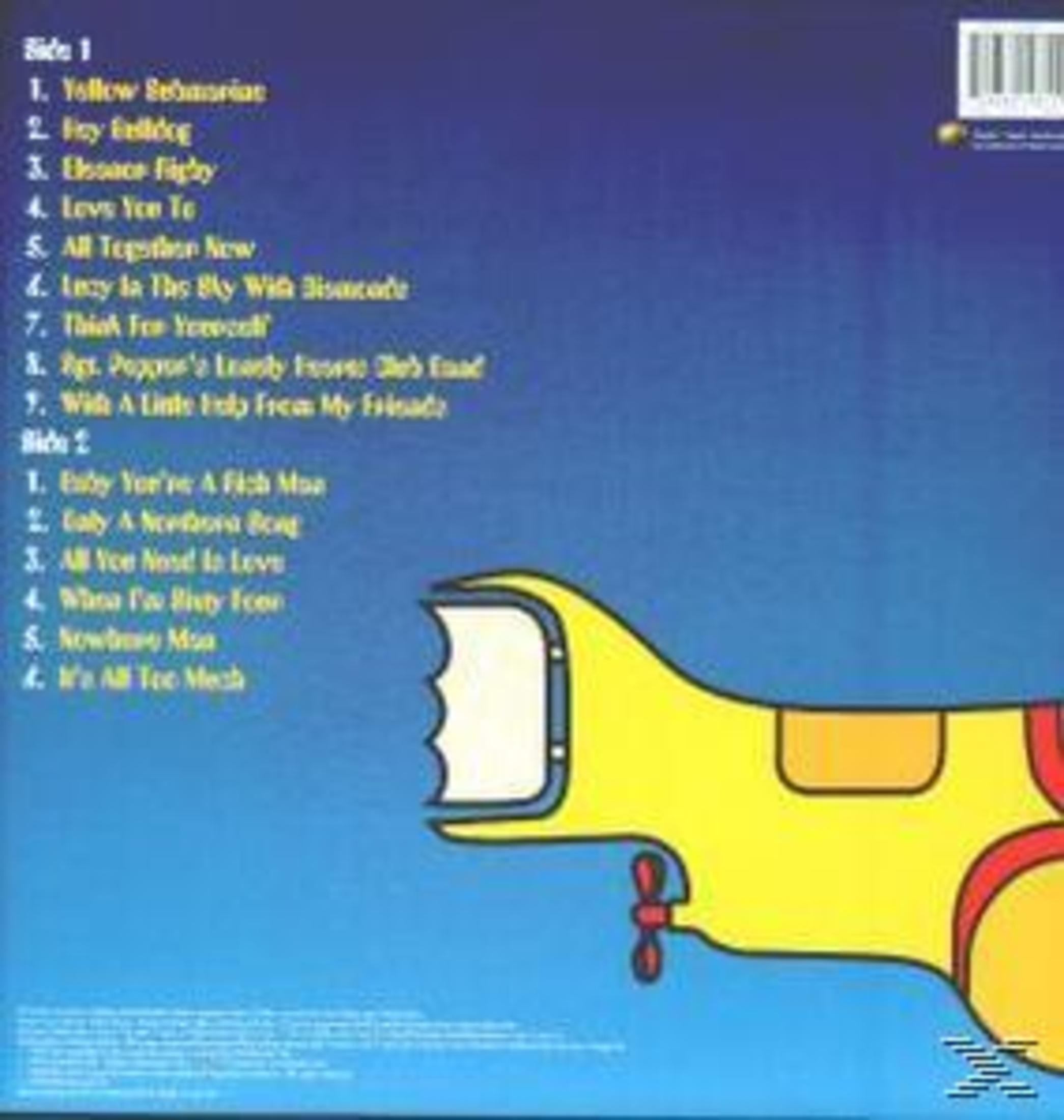 Retro copertina dell'album 'Yellow Submarine' dei Beatles. Presenta la tracklist e un design di sottomarino giallo.