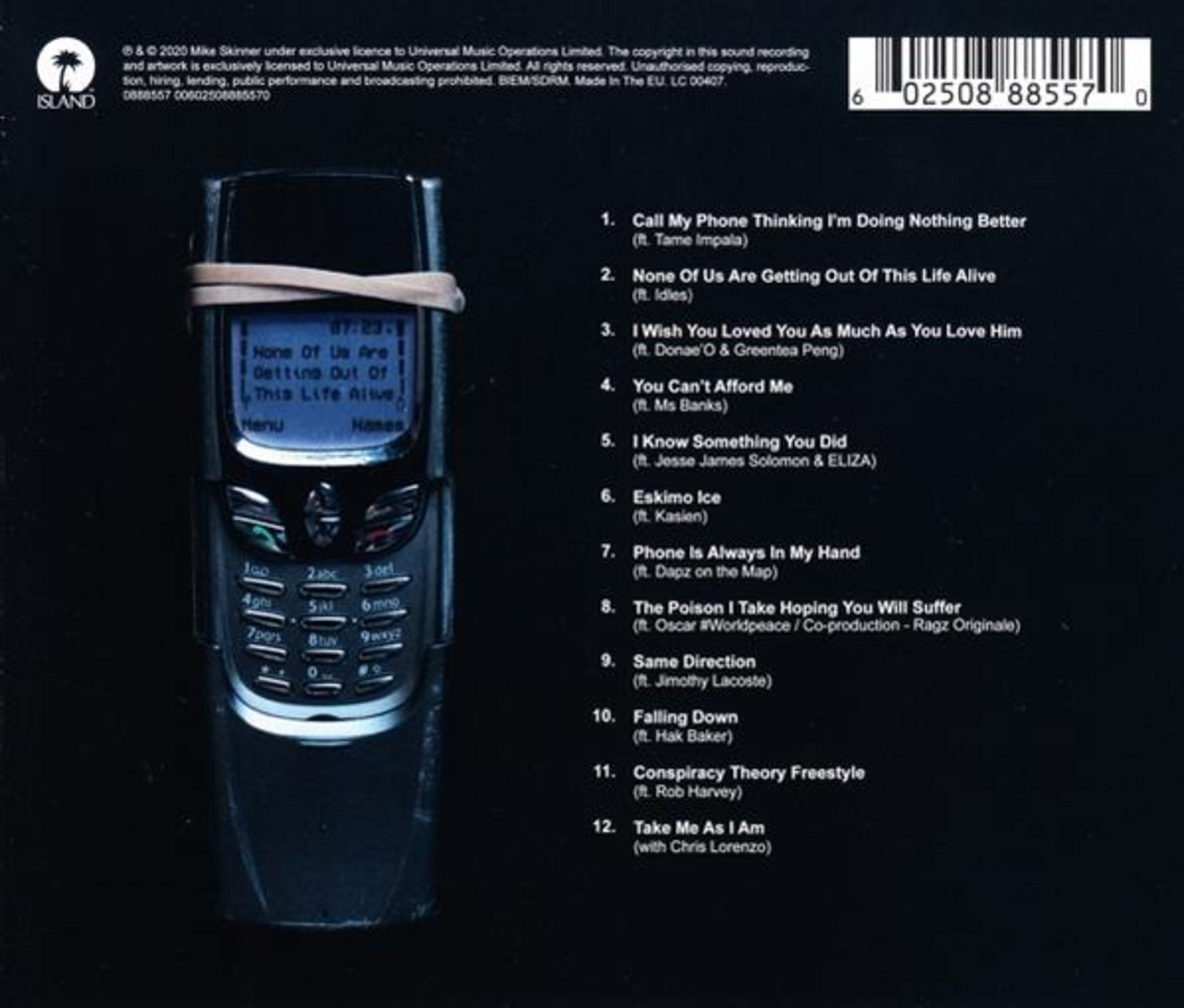 Albumhoes: Een telefoon met een scherm waarop tekst en een lijst met songtitels staan.