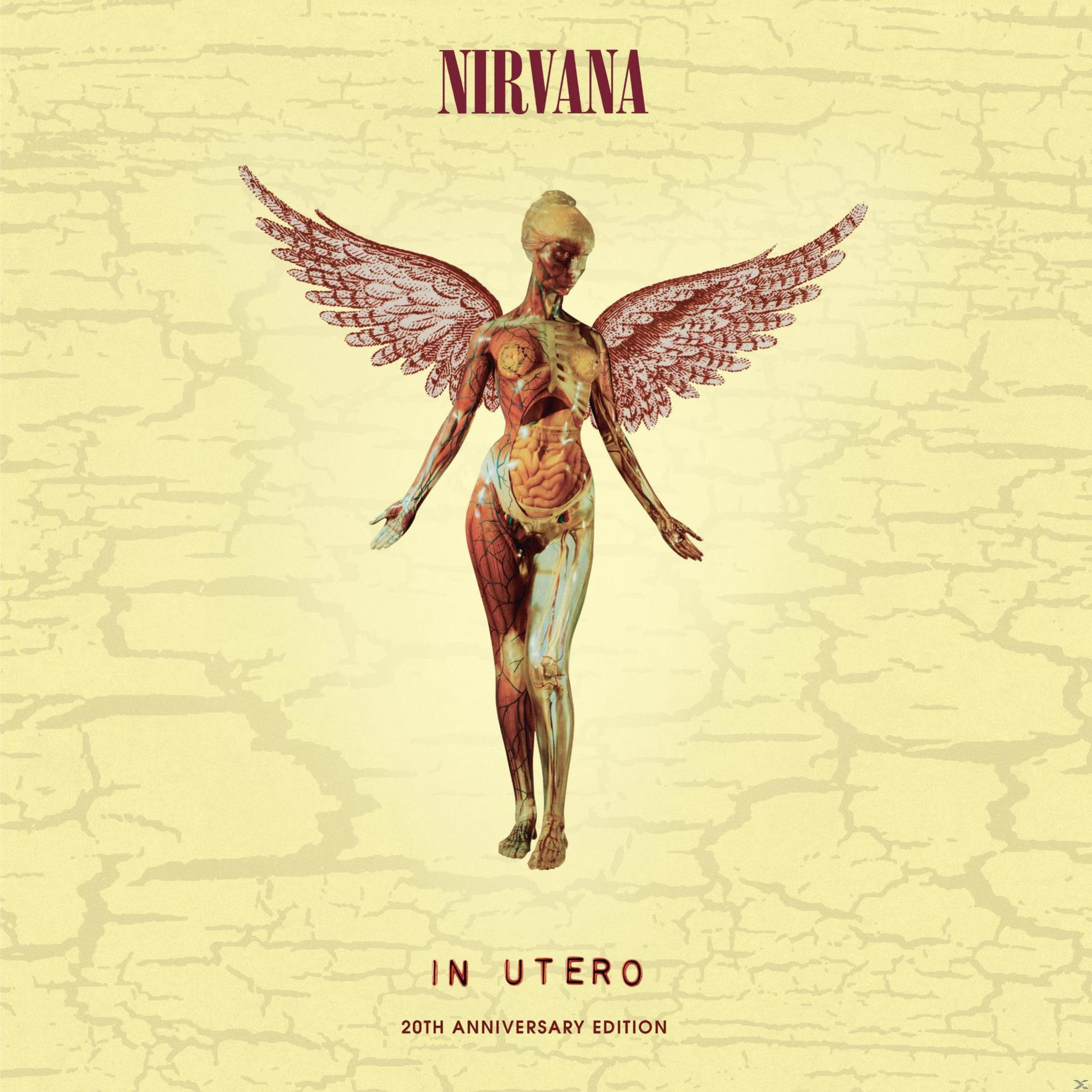 Copertina dell'album. Una figura anatomica nuda con le ali, su uno sfondo giallo screpolato. Testo: NIRVANA, IN UTERO.