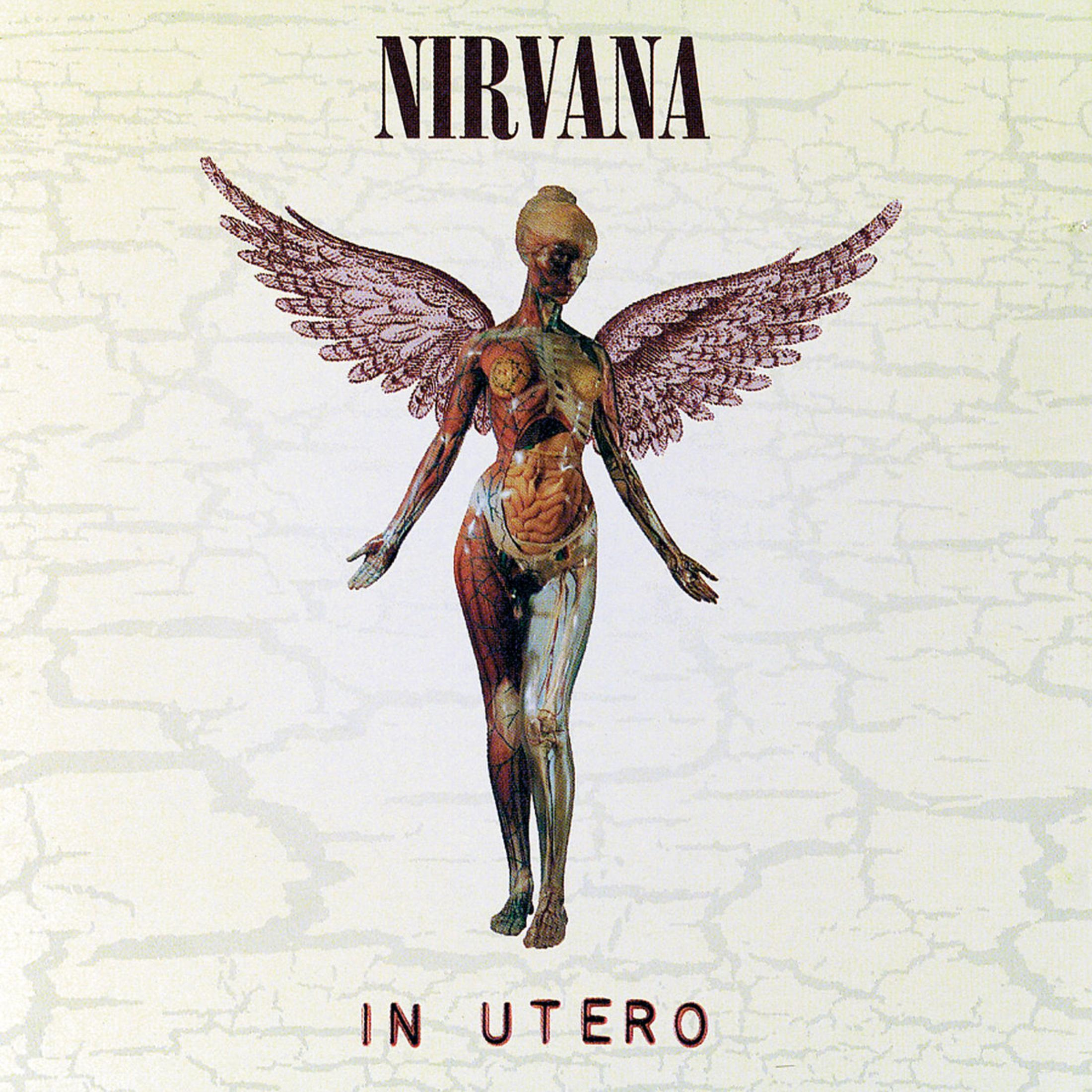 Copertina dell'album con una figura nuda con le ali, con il titolo 'IN UTERO' sotto e 'NIRVANA' sopra.