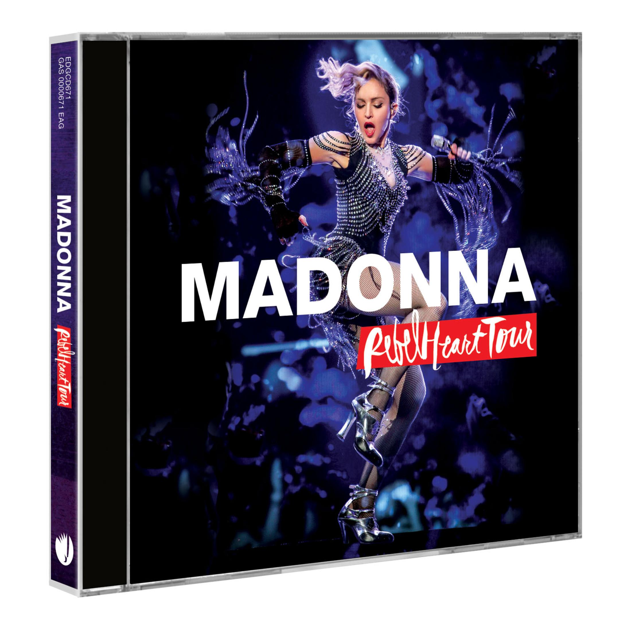 Pochette d'album avec Madonna, performance sur scène, tenant un micro, en tenue noir et blanc.
