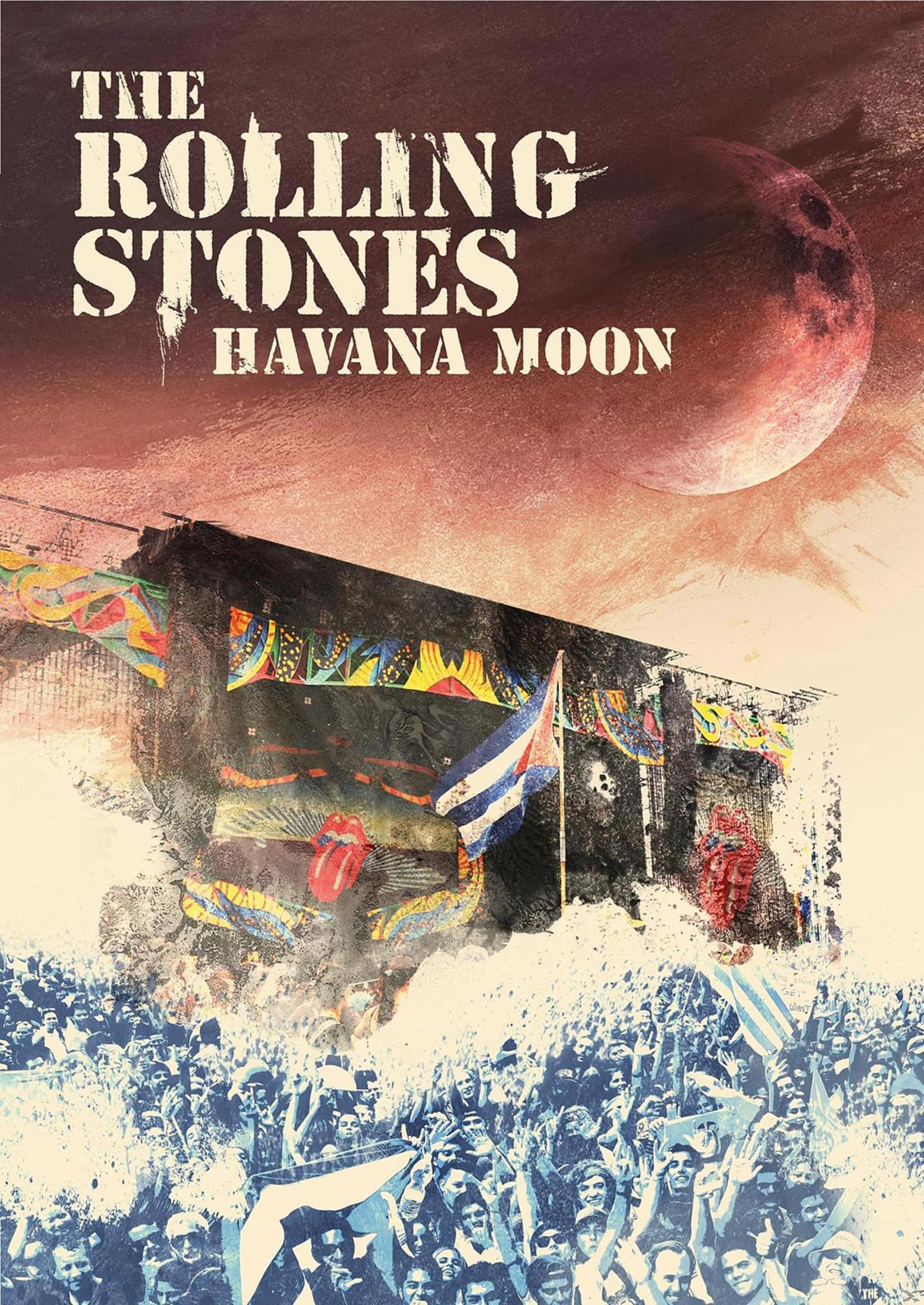 Albumhoes: The Rolling Stones op het podium, publiek ervoor, met een rode maan.