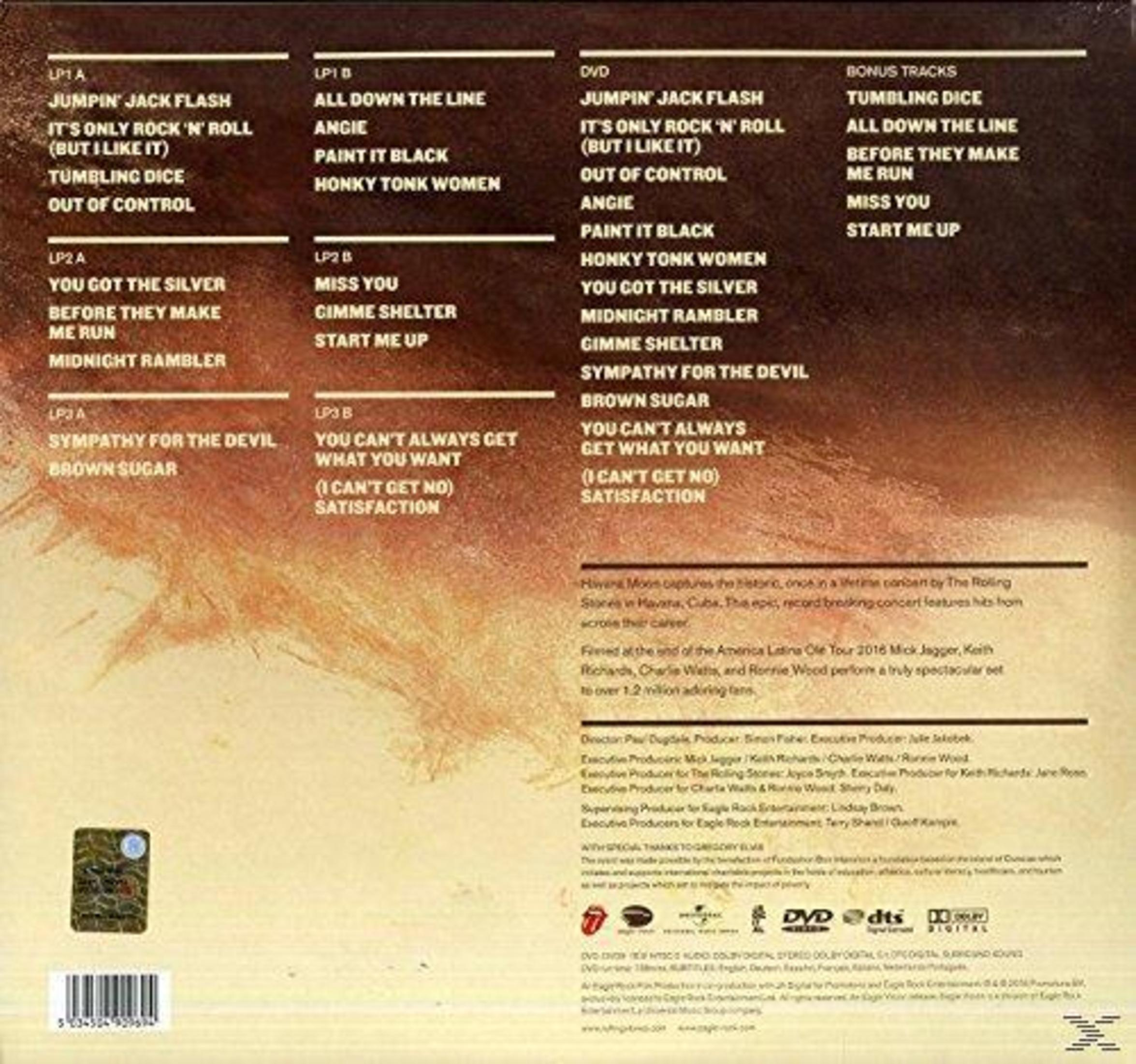 Achterkant van album: Tracklist voor een live album, lijst met nummers.