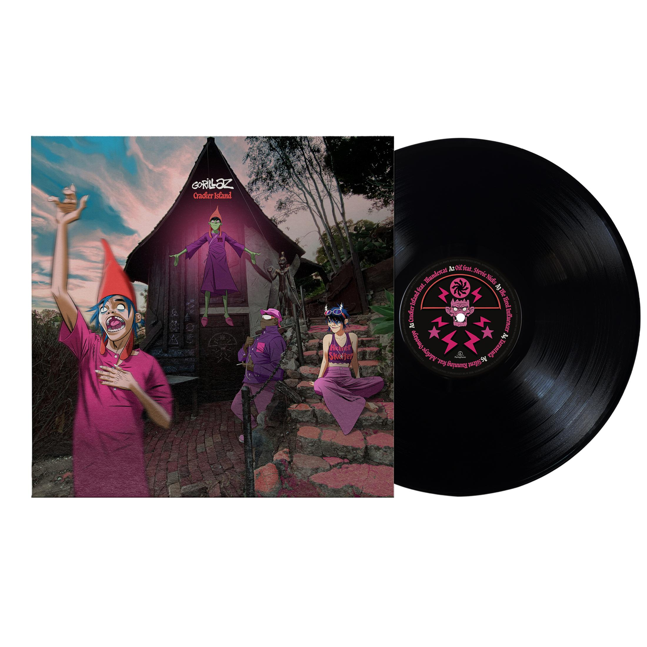 Copertina dell'album con personaggi dei cartoni animati in una scena. Un disco in vinile è a destra. Testo: Gorillaz, Cracker Island.