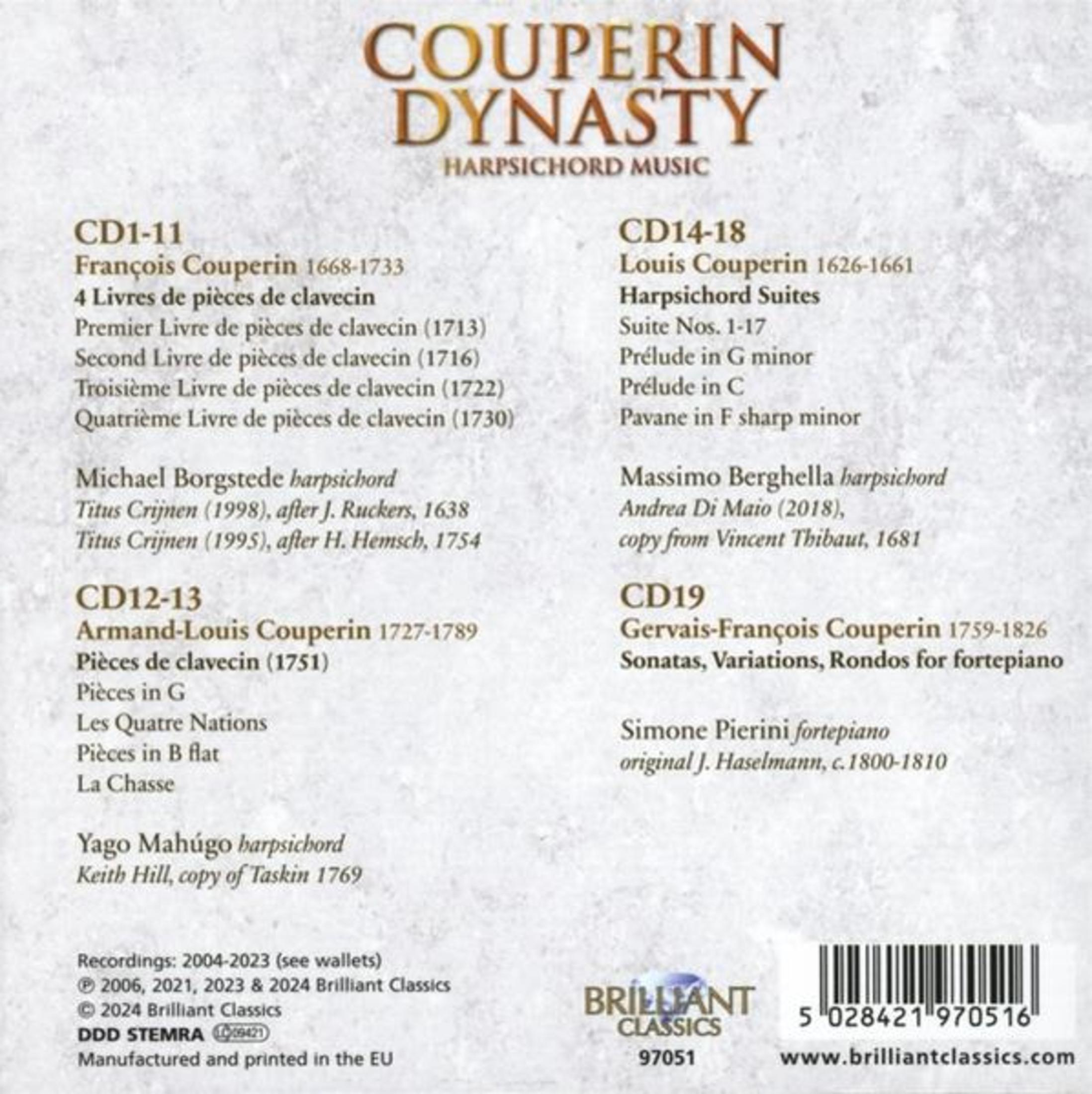 Albumhoes: lijst met klavecimbelmuziek. Tekst: Couperin Dynasty, klavecimbelmuziek.