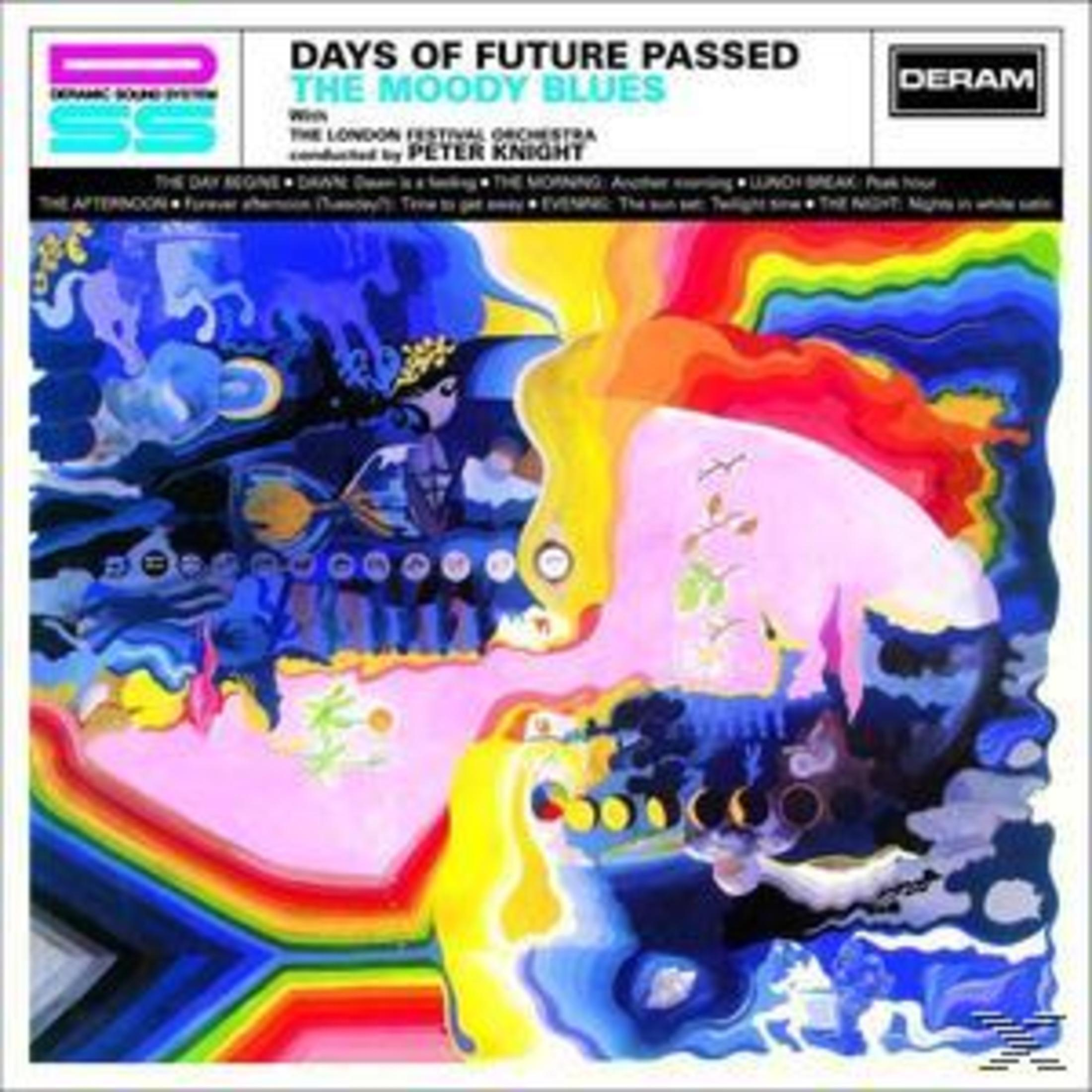 Copertina dell'album The Moody Blues. Arte astratta con un design colorato. Bordo bianco.