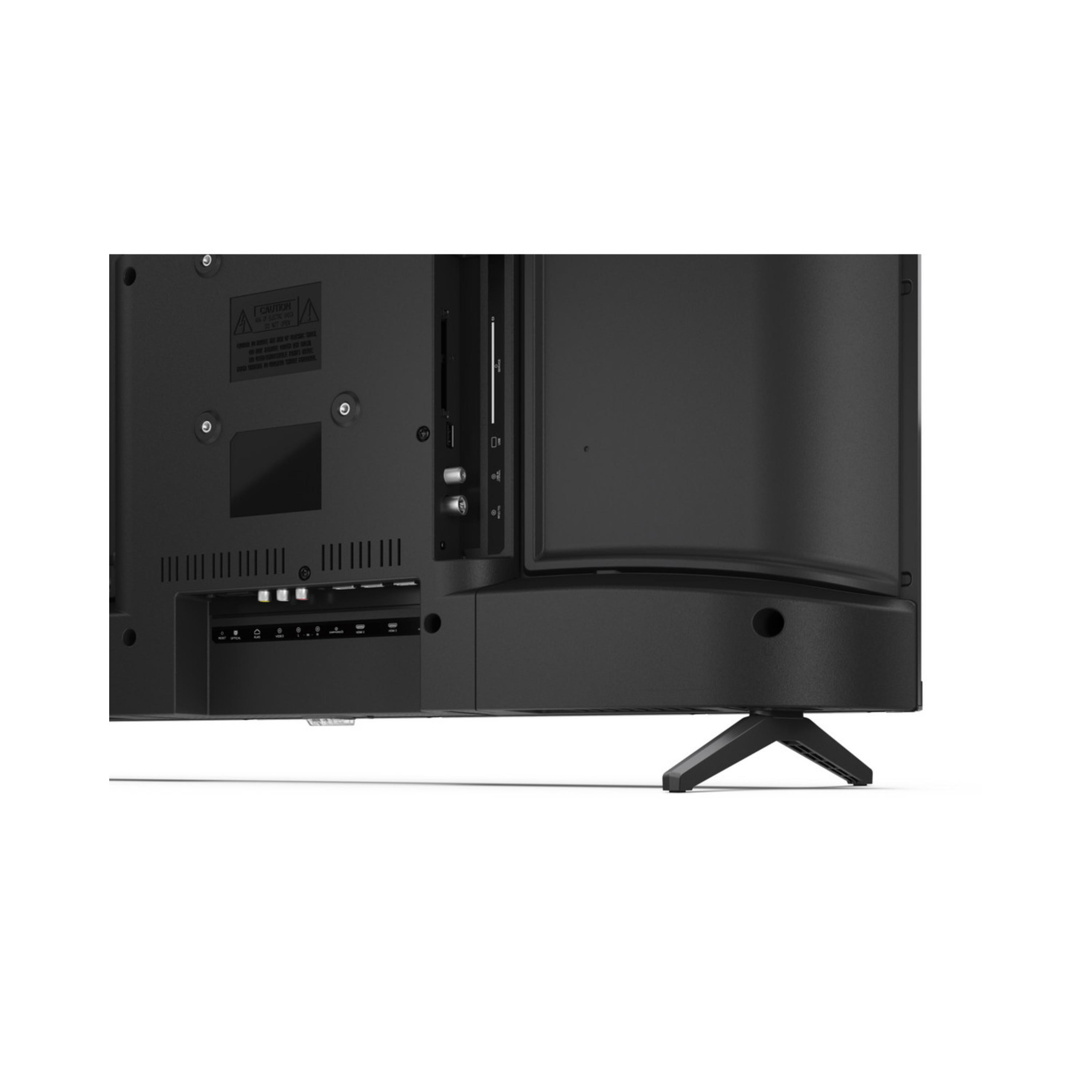 Rückseite eines schwarzen Fernsehers mit Anschlüssen und einem Ständer.
