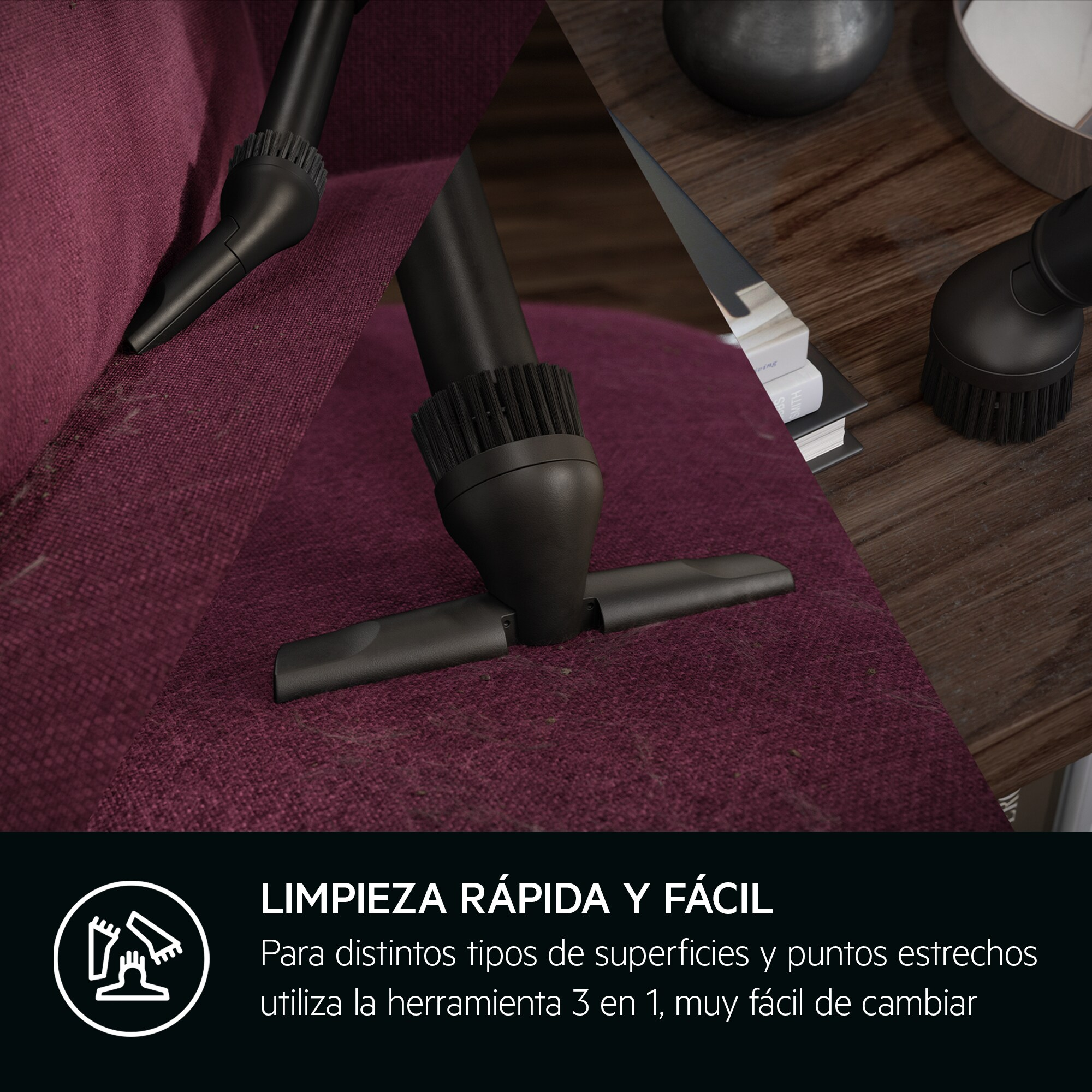 Accessori per aspirapolvere che puliscono un divano bordeaux. Accessori neri con spazzole.