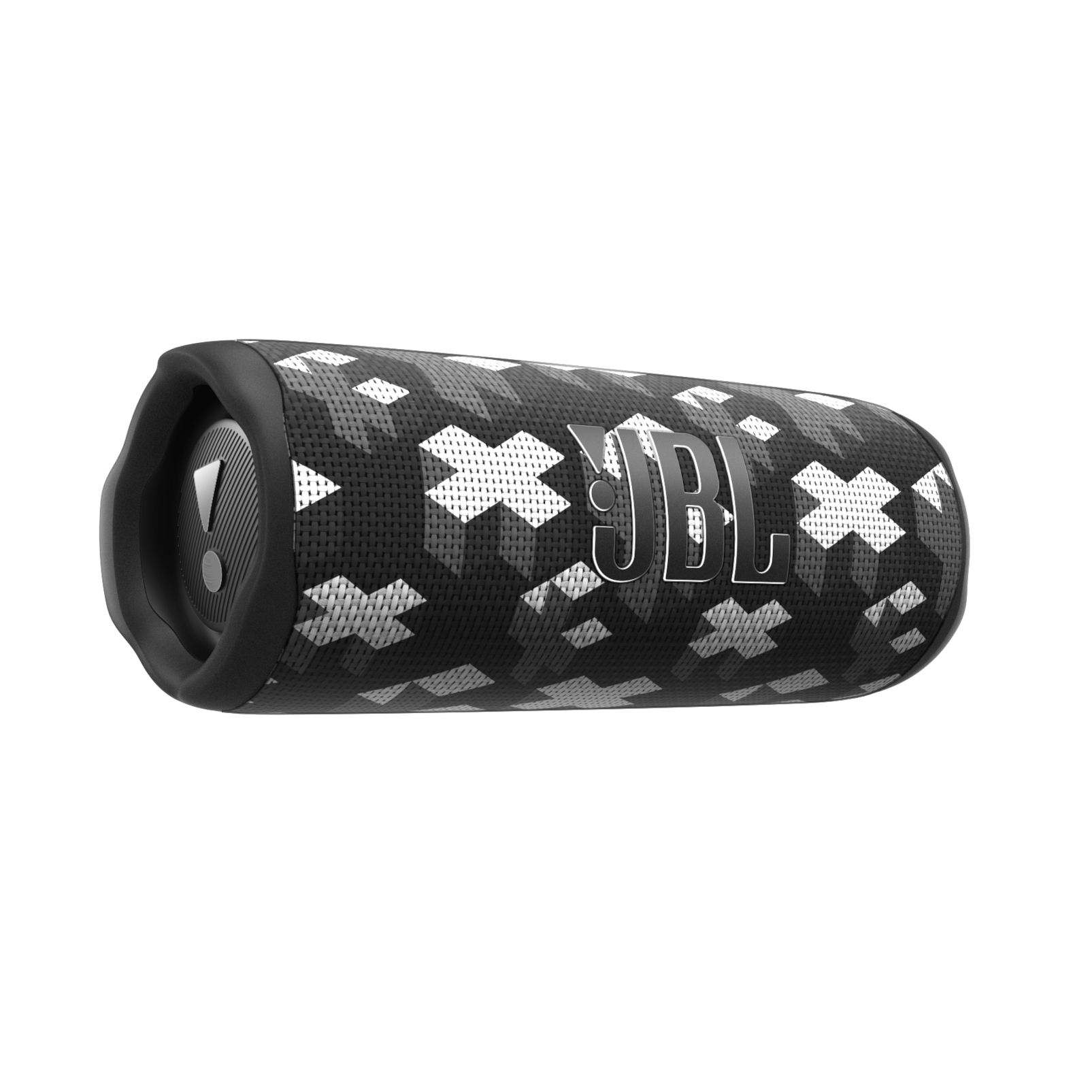Altavoz JBL negro y gris, forma cilíndrica, con patrón de camuflaje. Logotipo JBL en blanco.