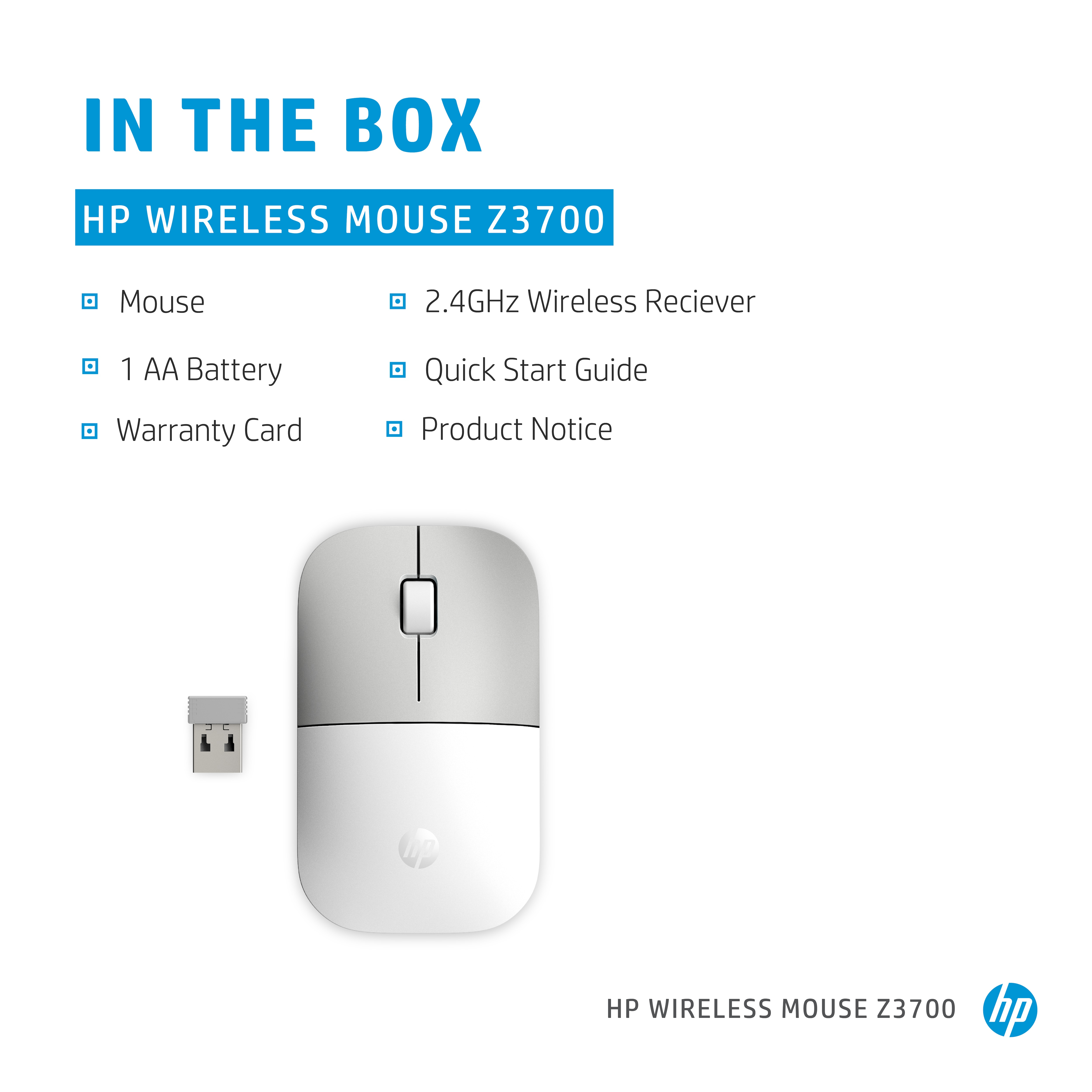 Zawartość pudełka HP Wireless Mouse Z3700: mysz, odbiornik, bateria, gwarancja i instrukcja.