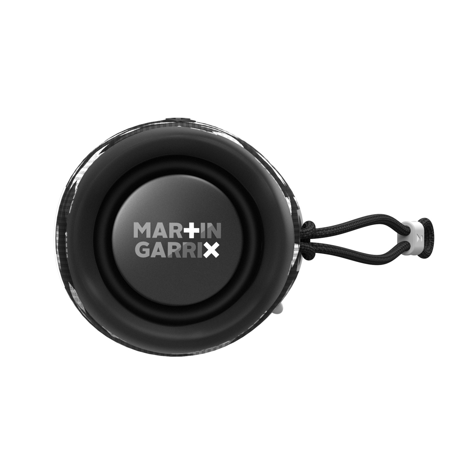 Un altavoz circular negro con el texto MAR+IN GARRIX impreso en su superficie.