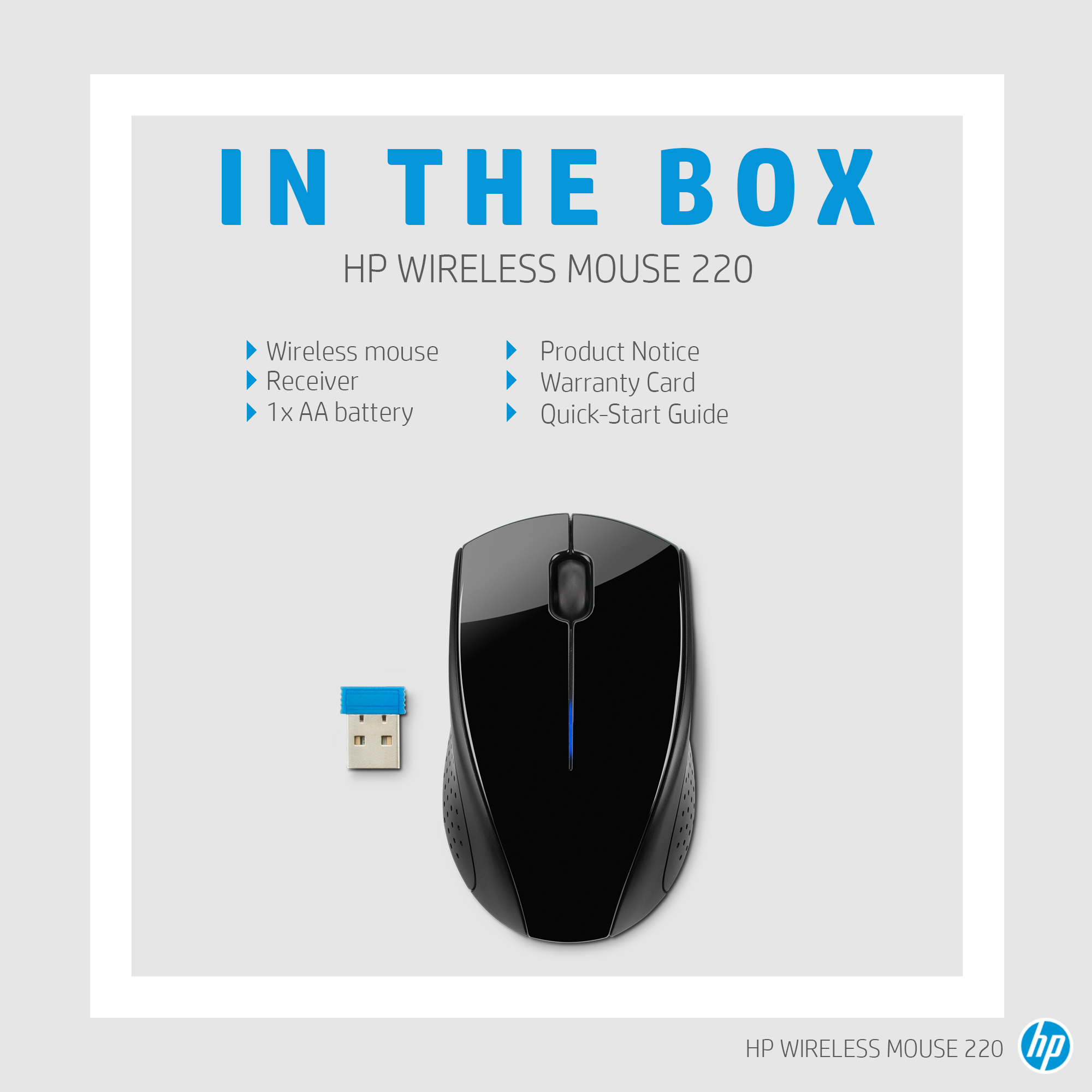 Un mouse wireless HP, ricevitore e batteria, con un elenco di elementi inclusi.