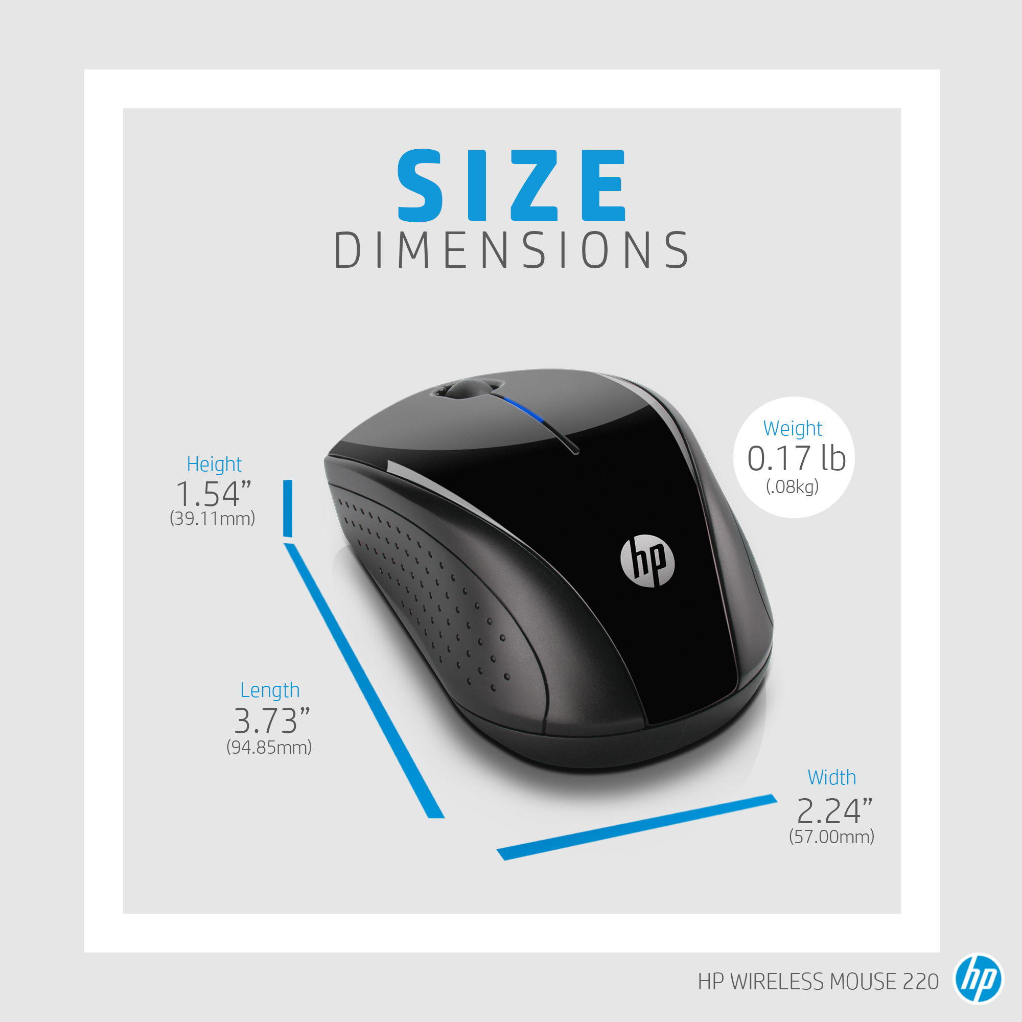 Un mouse wireless HP nero con linee dimensionali blu e dettagli sulle dimensioni. Il mouse ha il logo HP sopra.