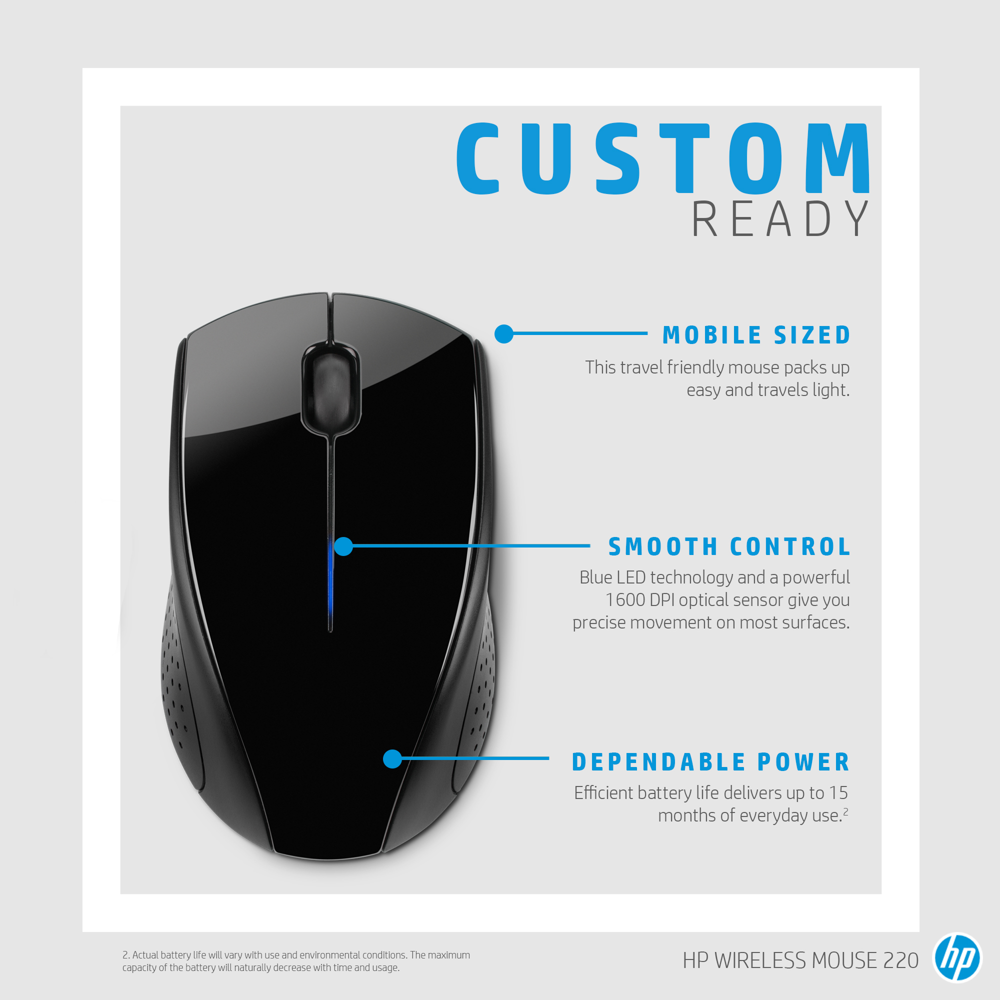 Mouse wireless nero con testo: custom ready, mobile sized, smooth control e dependable power.