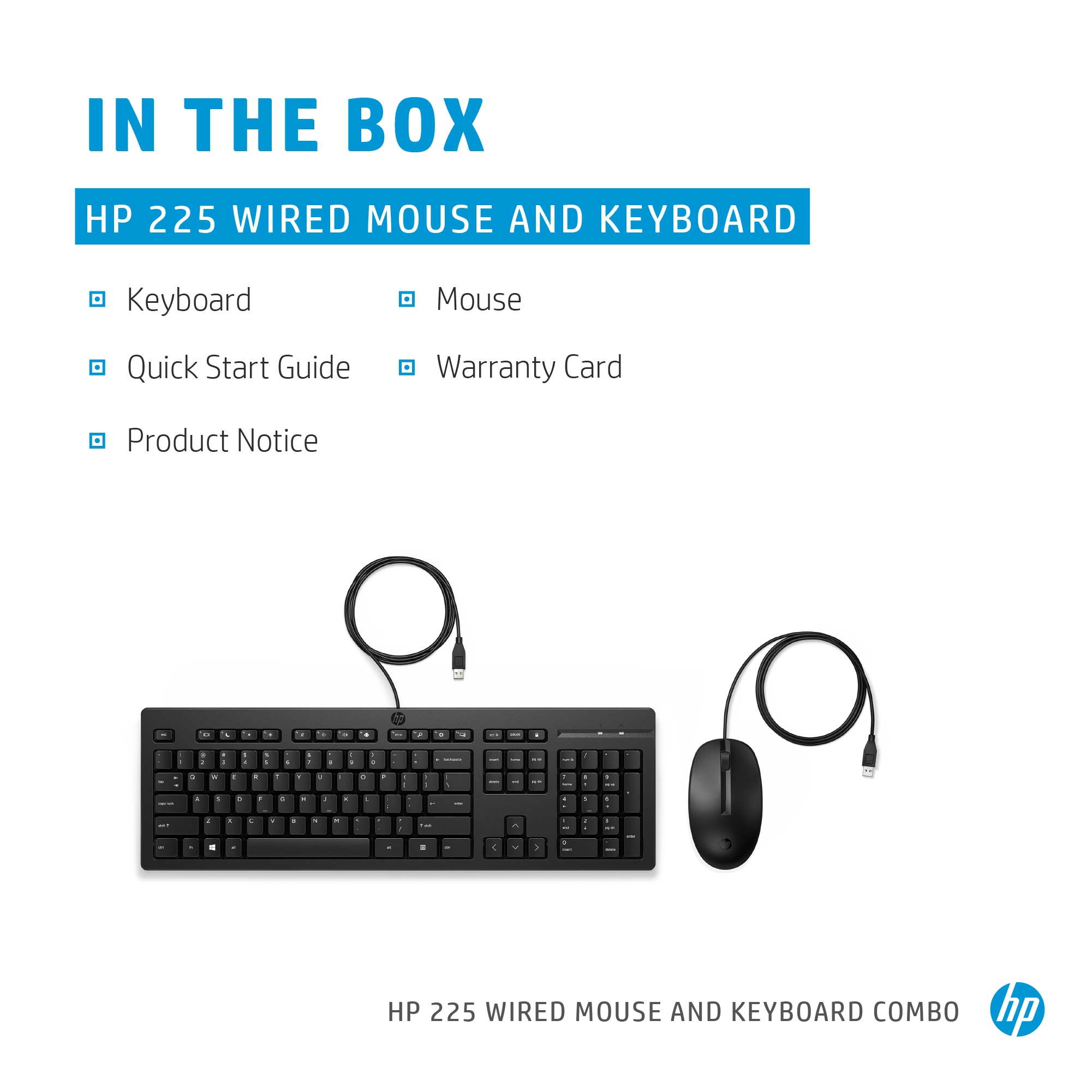 Un combo tastiera e mouse HP. Include tastiera, mouse, guida rapida, scheda di garanzia.