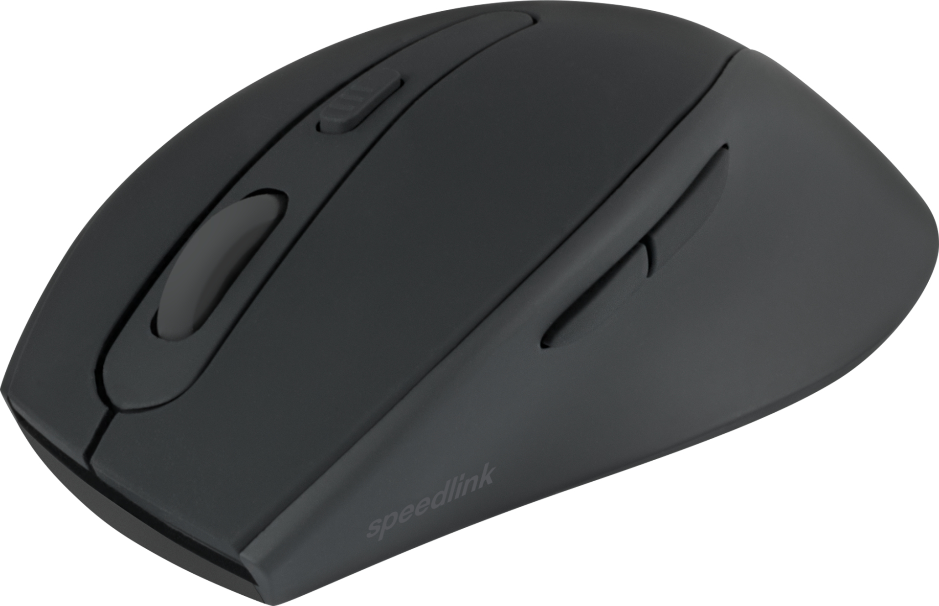 A dark gray computer mouse with a scroll wheel and side buttons. The brand name is Speedlink.