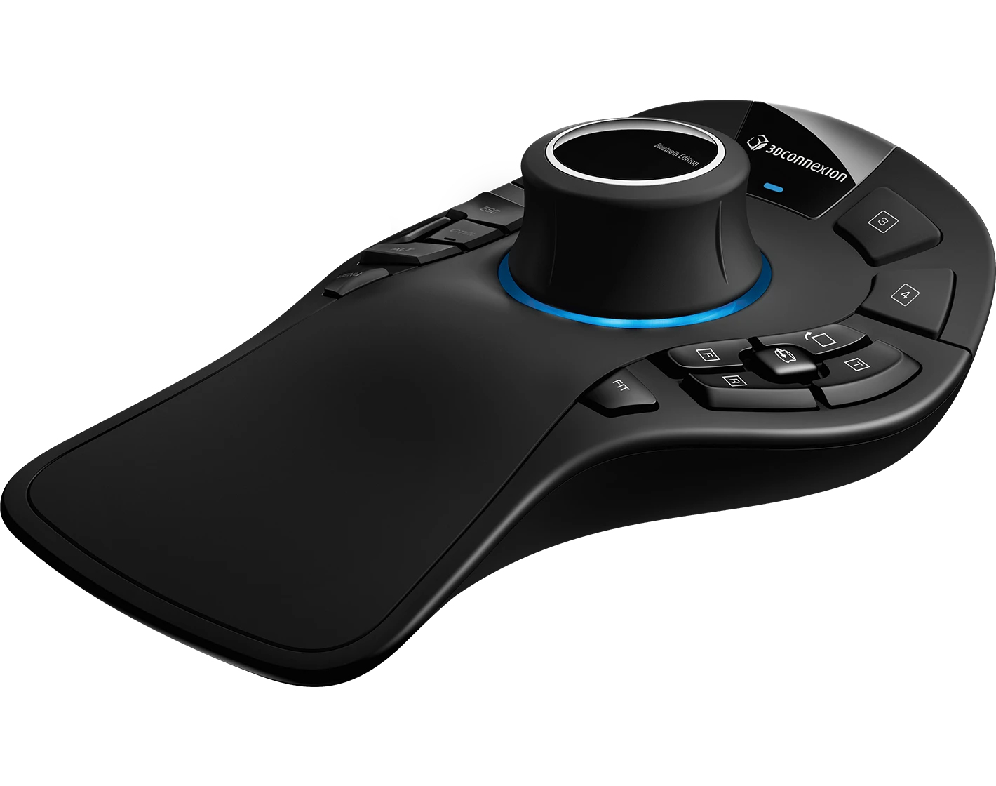 Black mouse with a blue light ring. Many buttons and a central knob. White background.