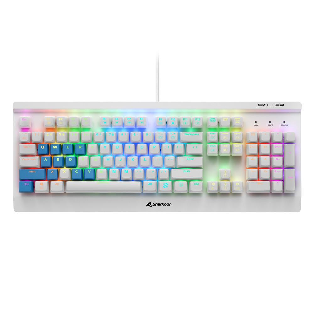 Tastiera da gioco bianca con tasti arcobaleno, tasto Shift blu e logo Sharkoon.