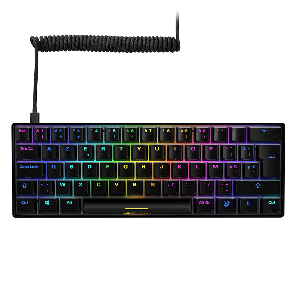 Schwarze und Regenbogen-Tastatur mit Spiralkabel, weißer Hintergrund.