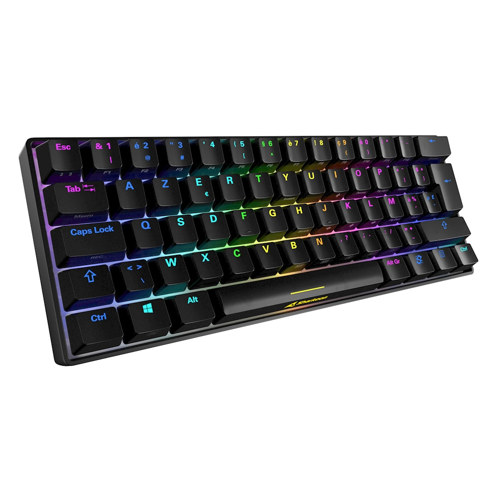 Eine schwarze Tastatur mit bunten Tasten, mit kleinem Formfaktor.
