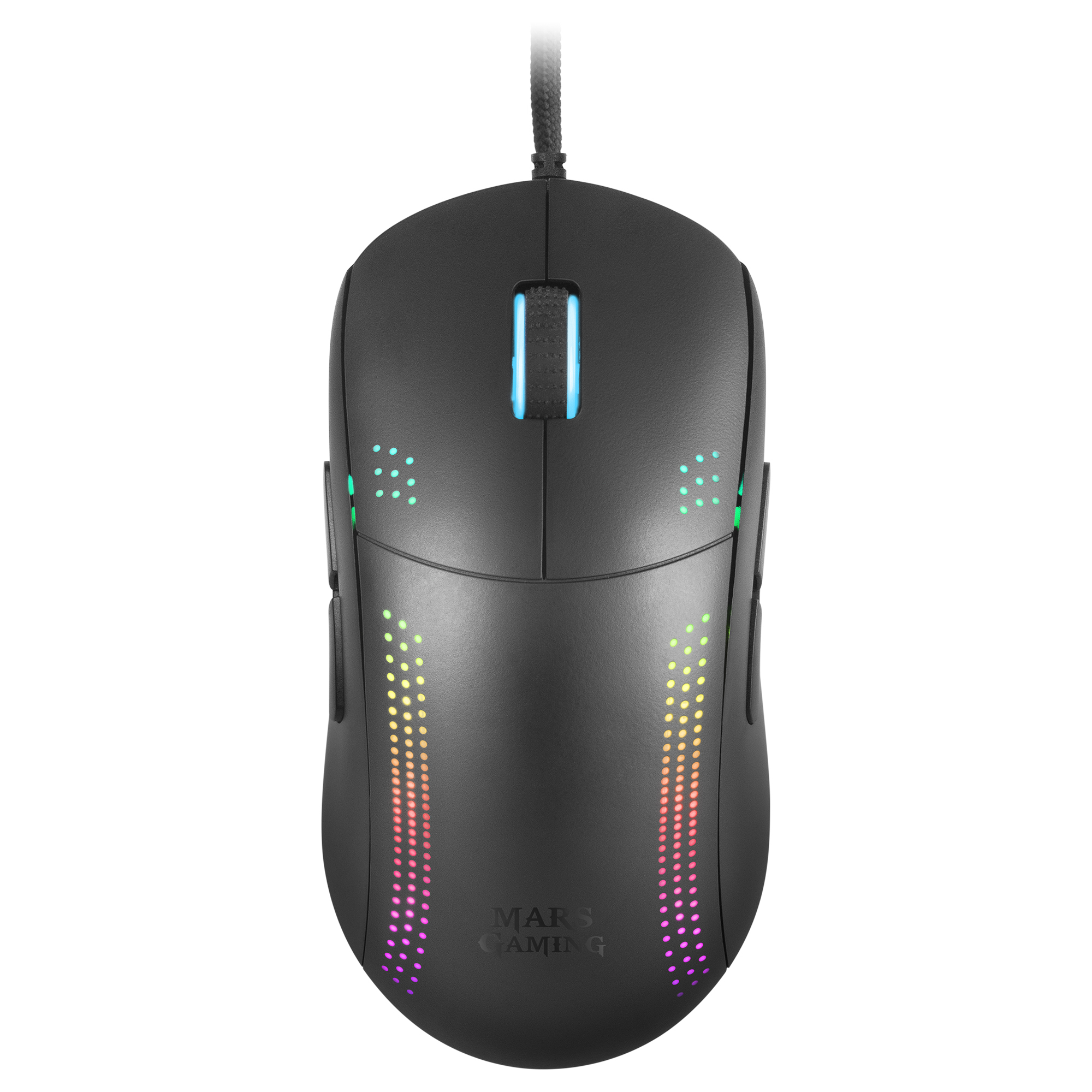 Un ratón gaming negro con luces multicolores. El ratón tiene botones laterales y cable.