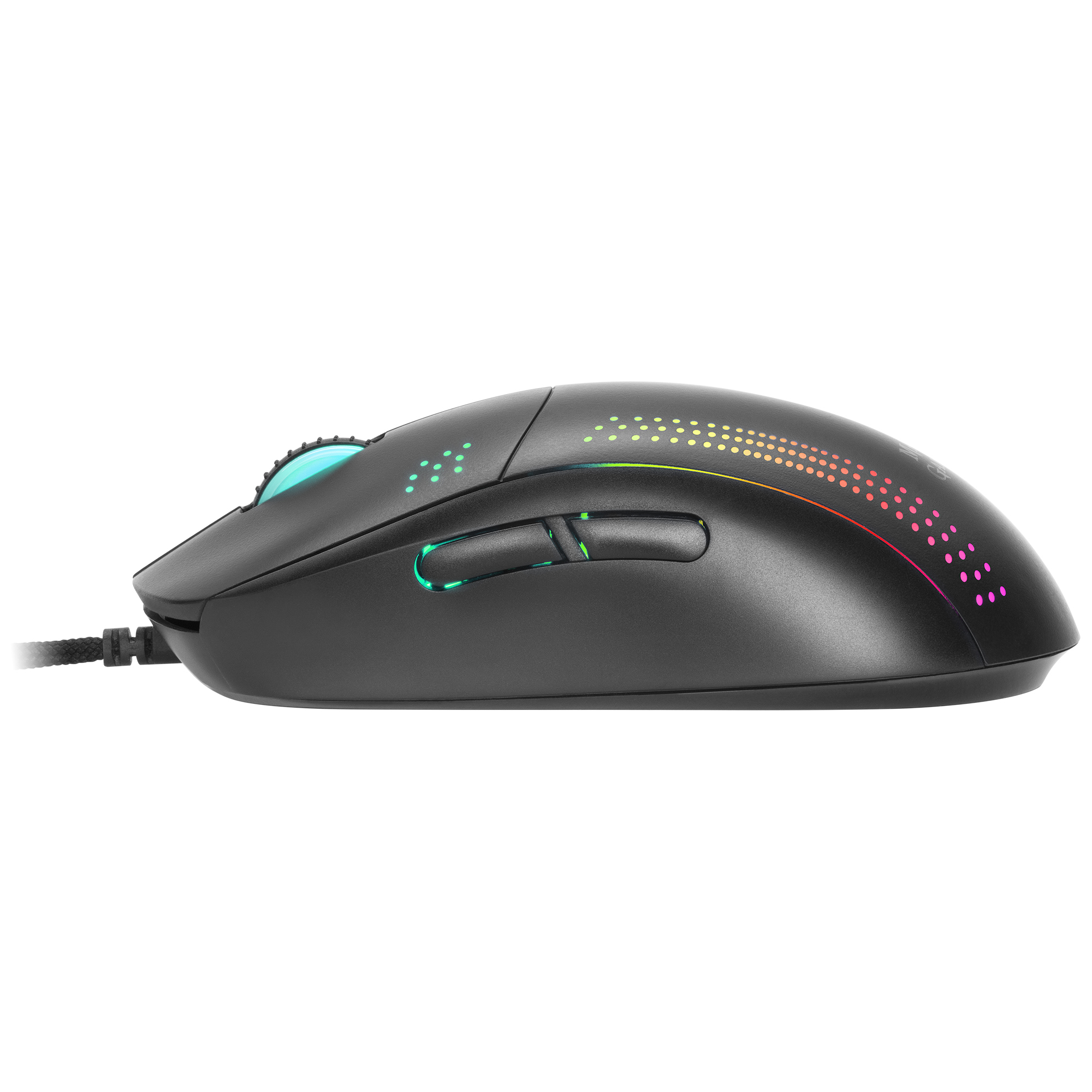 Ratón gaming negro con iluminación RGB, botones laterales y conexión por cable.