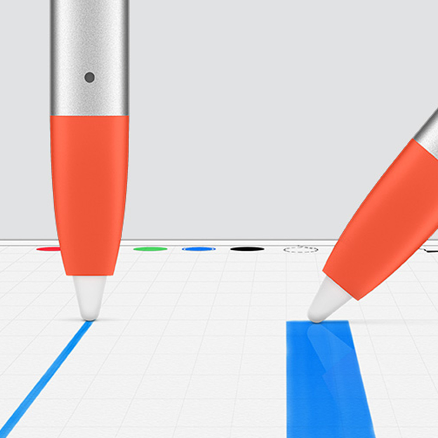 Twee oranje pennen tekenen een blauwe lijn op een rasterachtergrond.