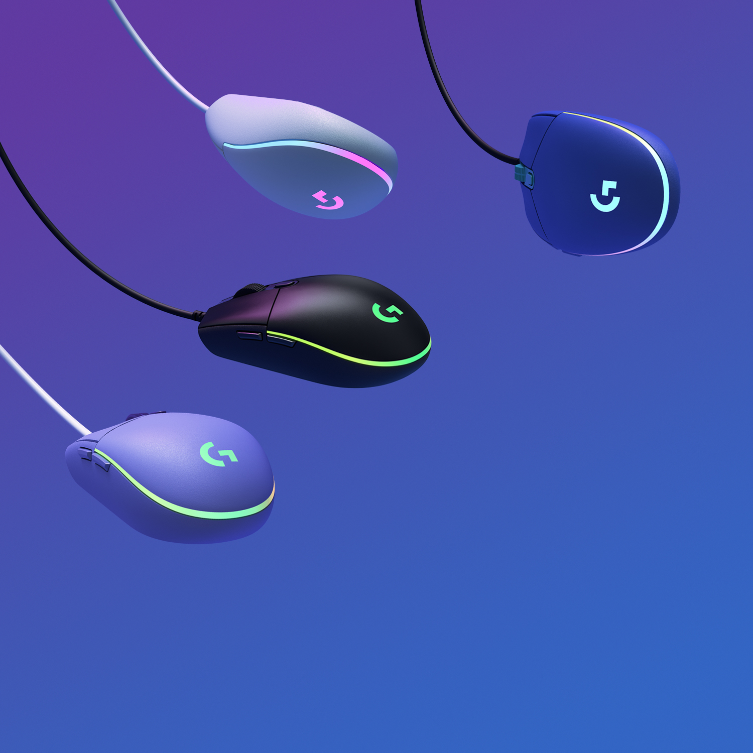 Four gaming mice in different colors: white, black, purple, and blue. Each has a glowing logo.