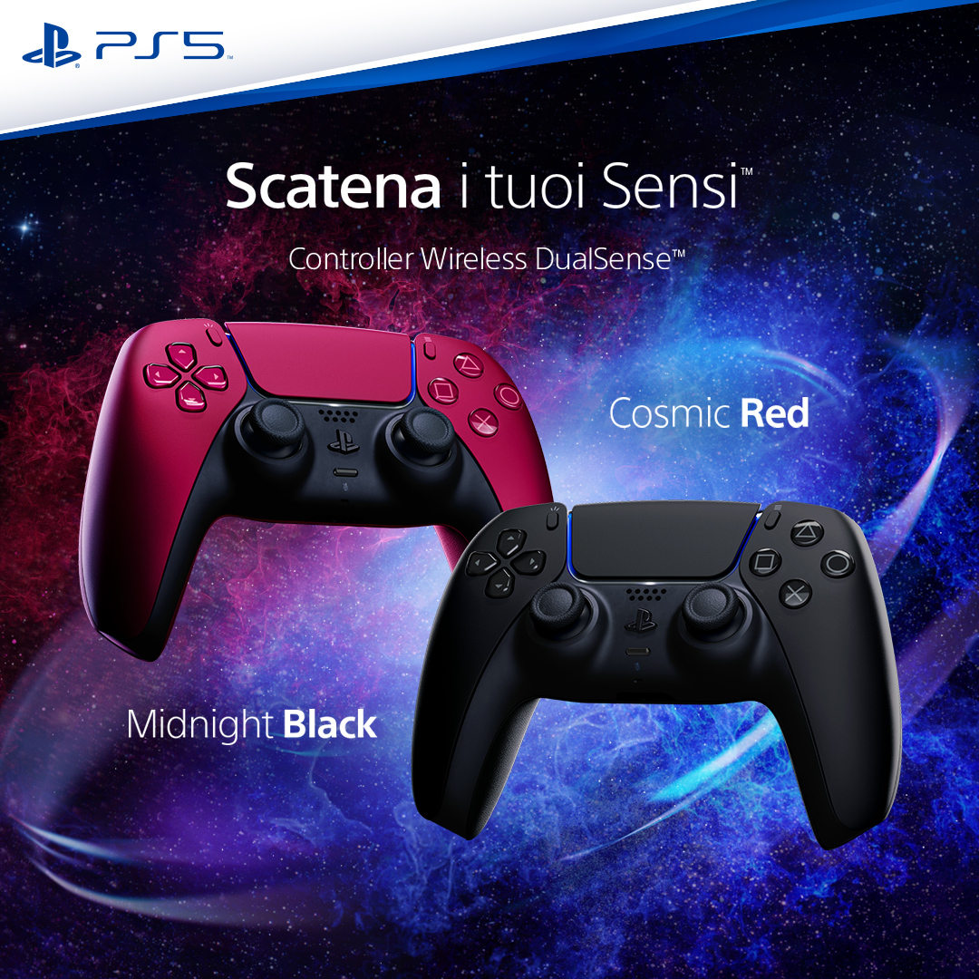 Dwa kontrolery PlayStation 5: czerwony i czarny, oznaczone jako 'Cosmic Red' i 'Midnight Black'.