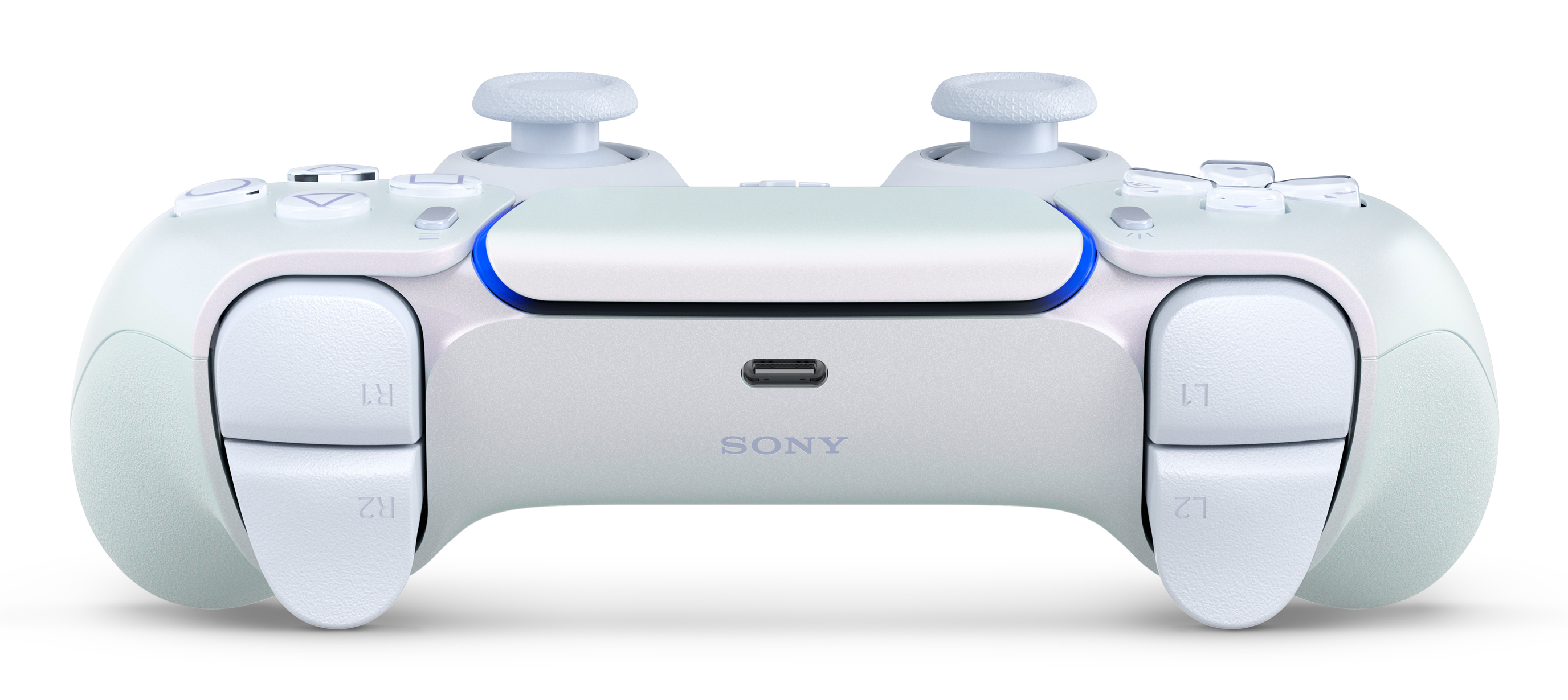 Biały kontroler PlayStation 5. Zawiera przyciski, joysticki i logo 'Sony'.