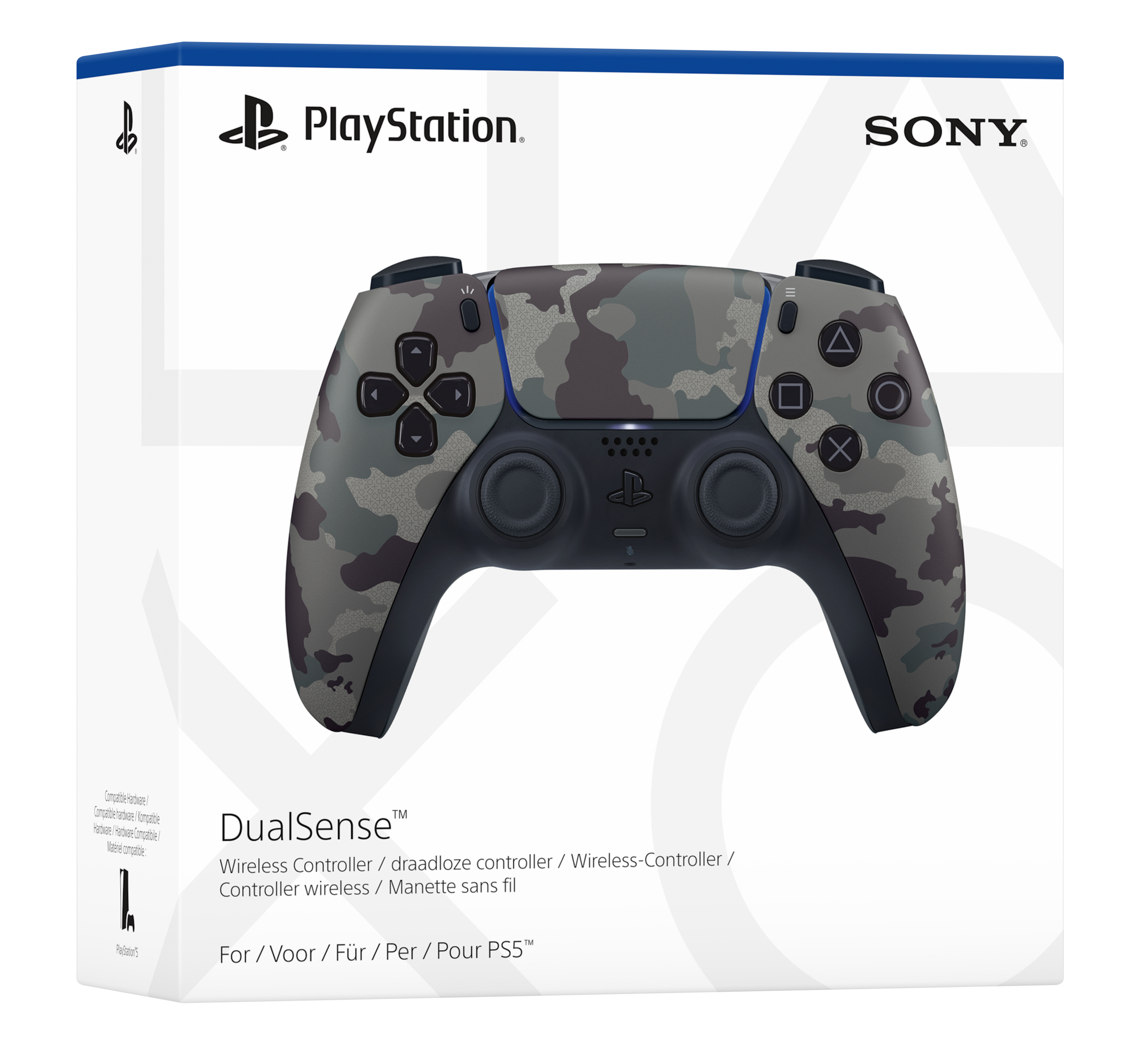 Kontroler DualSense PlayStation w pudełku. Ma kamuflażowy design.