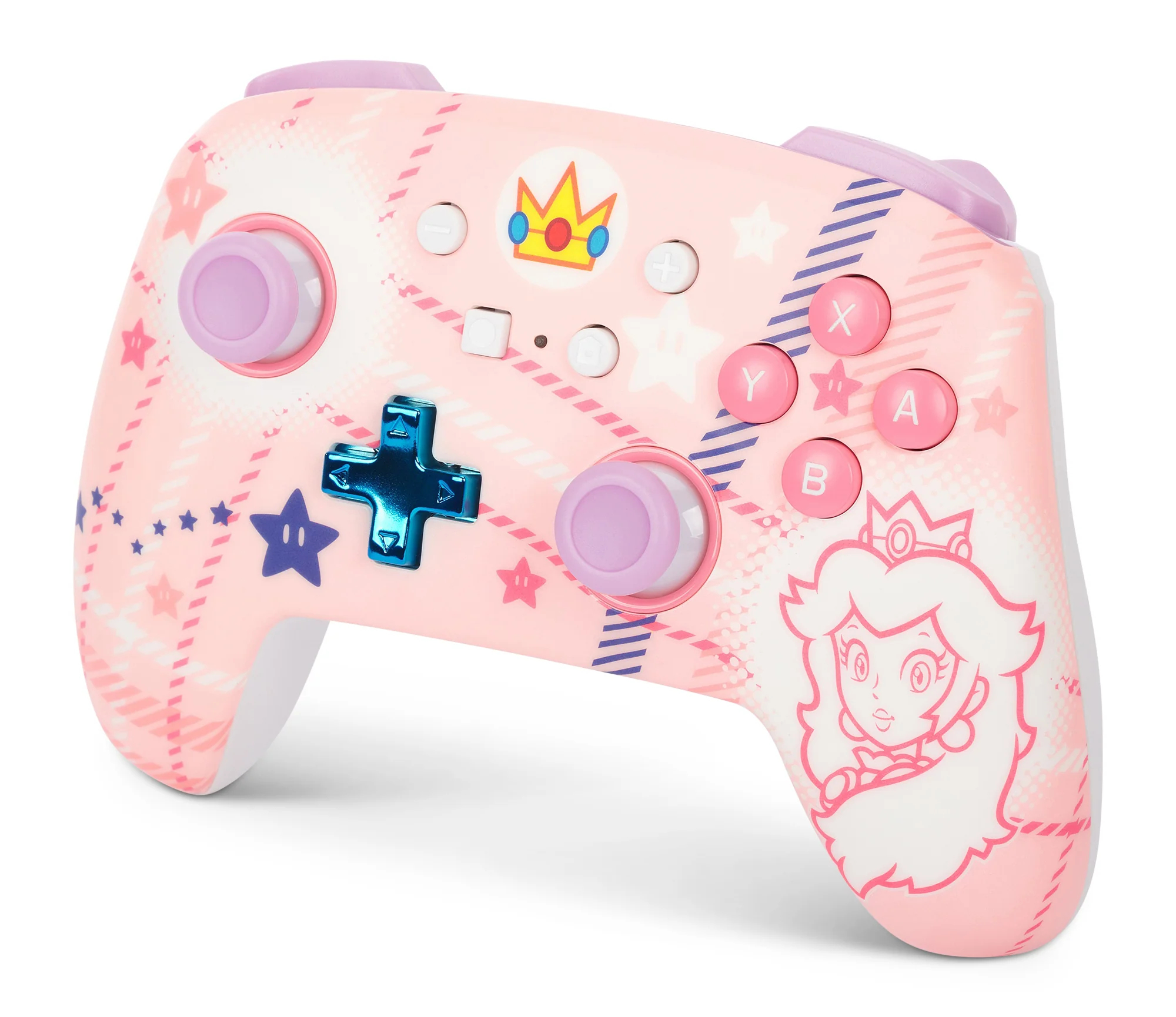 Ein rosa Nintendo Switch-Controller mit Prinzessin Peach-Design. Mit Sternen, Krone und Knöpfen.