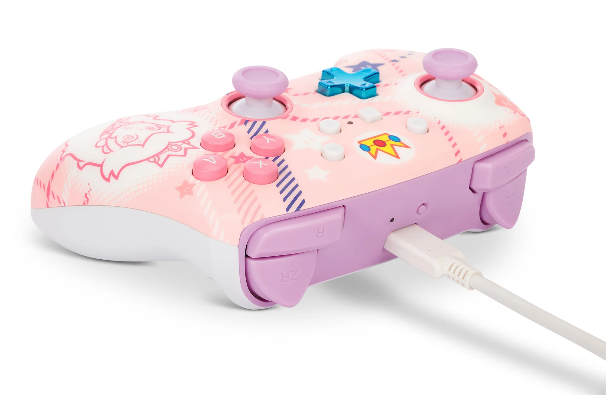 Ein rosa Nintendo Switch-Controller mit Princess Peach-Design. Ein USB-Kabel ist eingesteckt.