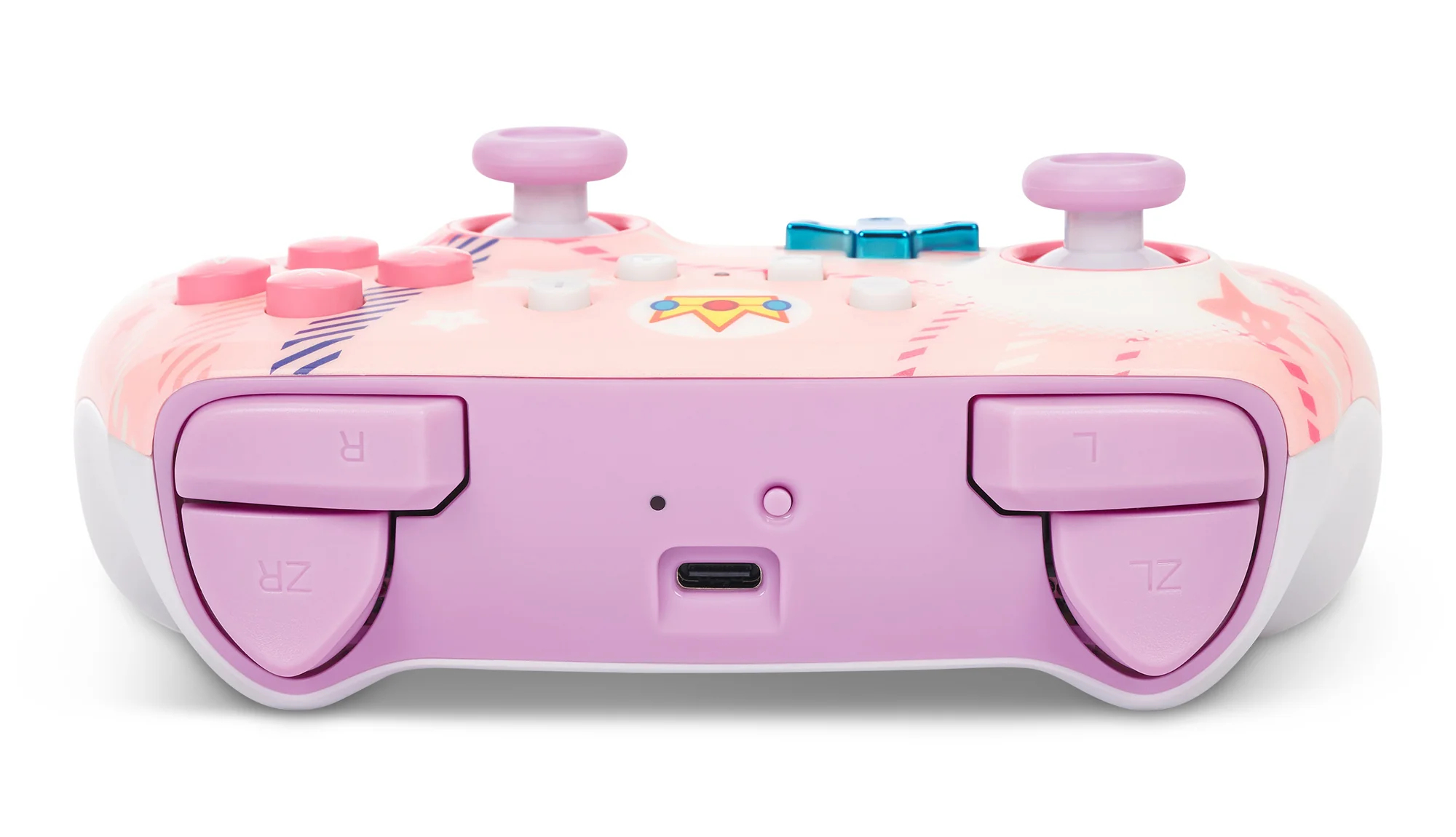 Różowo-biały kontroler Nintendo Switch z kilkoma przyciskami.