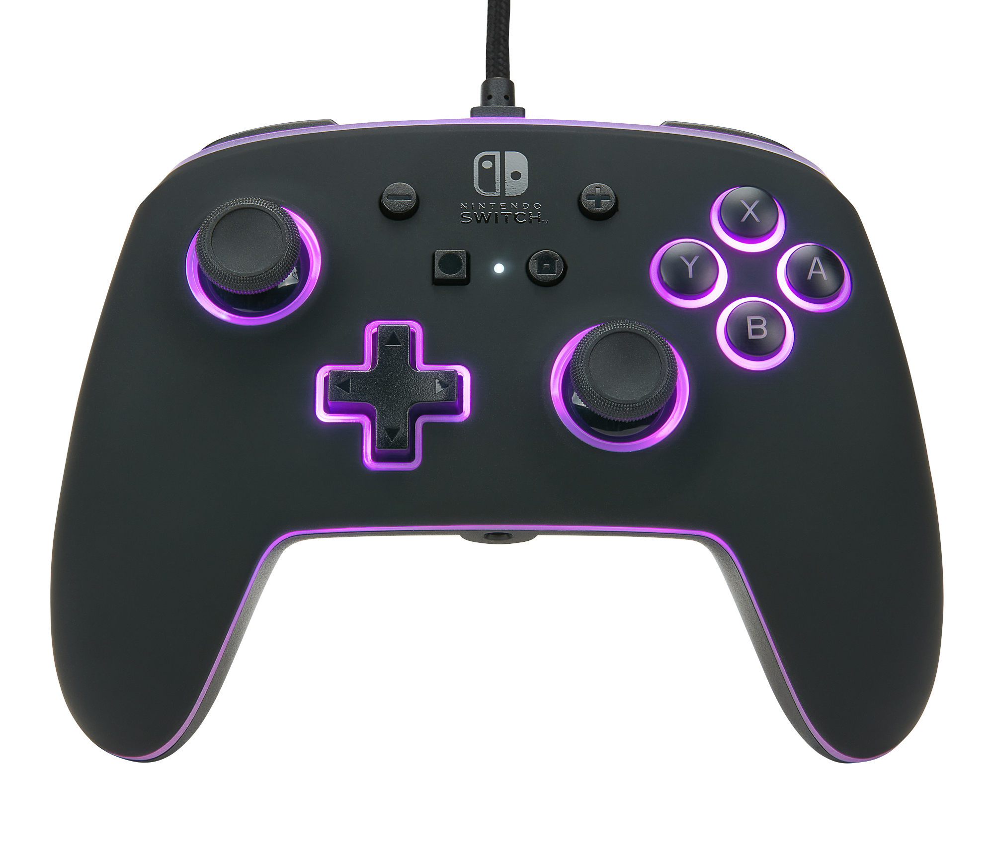 Czarny i fioletowy kontroler do gier z przyciskami Nintendo Switch.