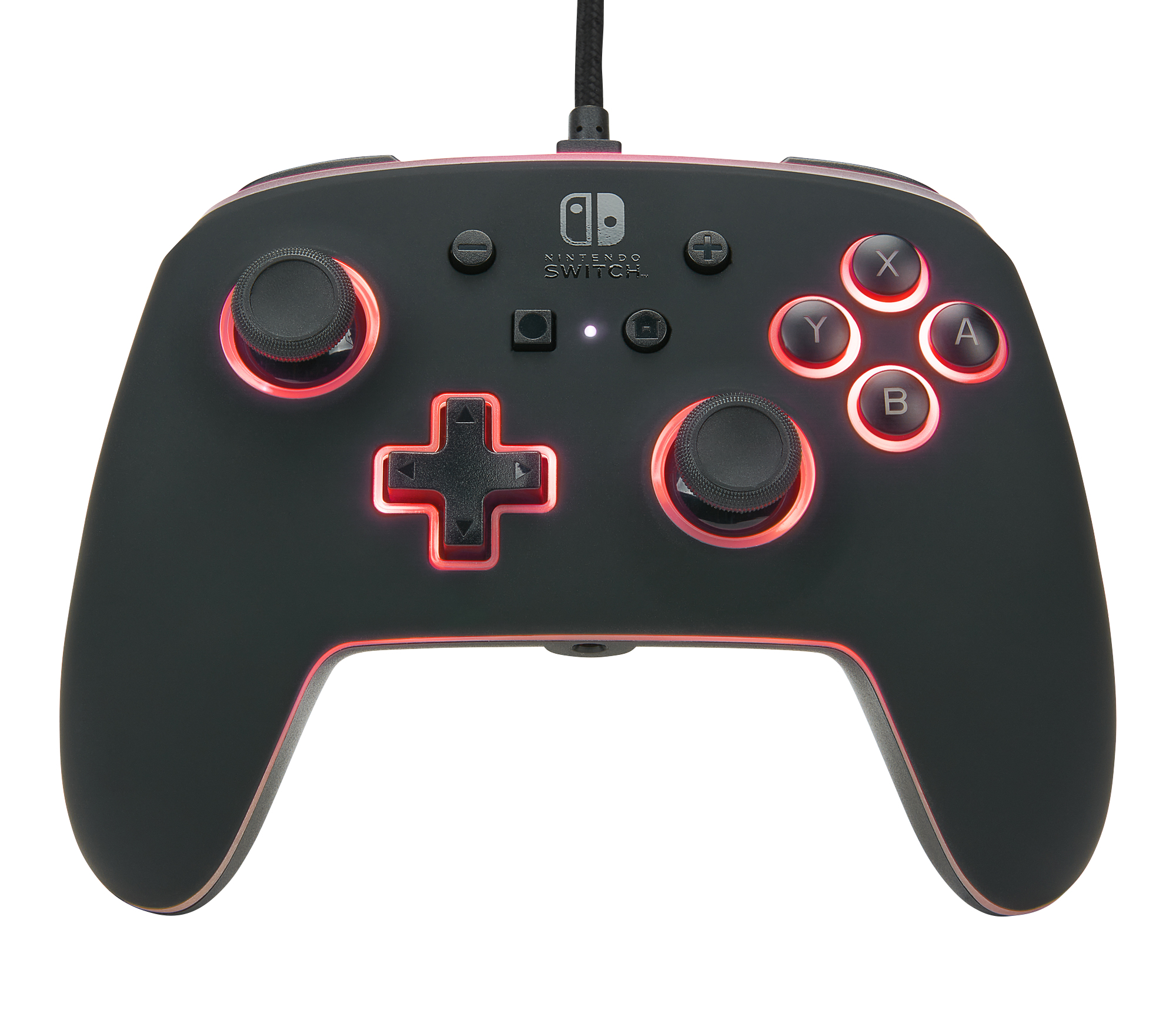 Czarny kontroler Nintendo Switch z czerwonymi światłami wokół przycisków i joysticków.