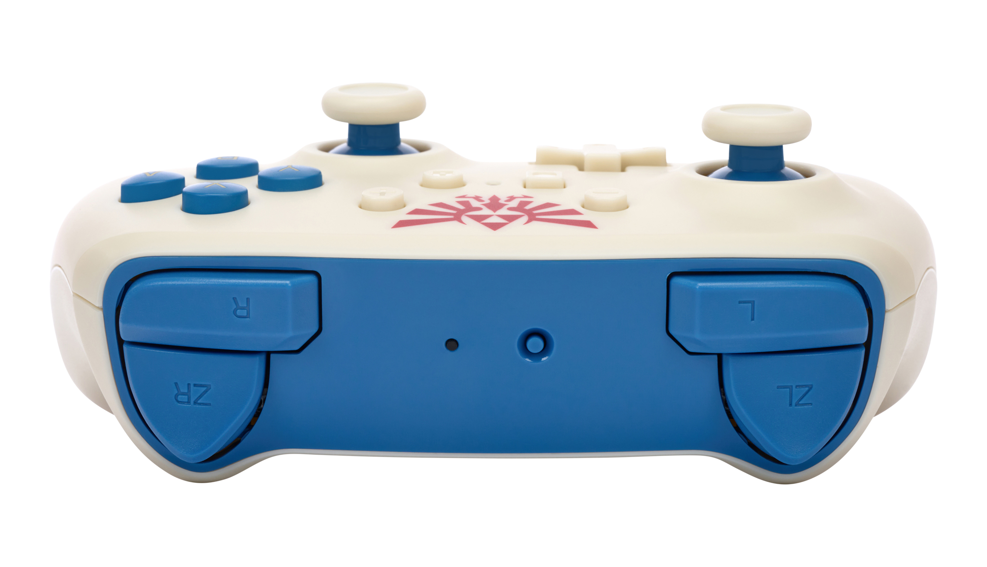 Biało-niebieski gamepad z przyciskami, krzyżakiem i gałkami, na białym tle.