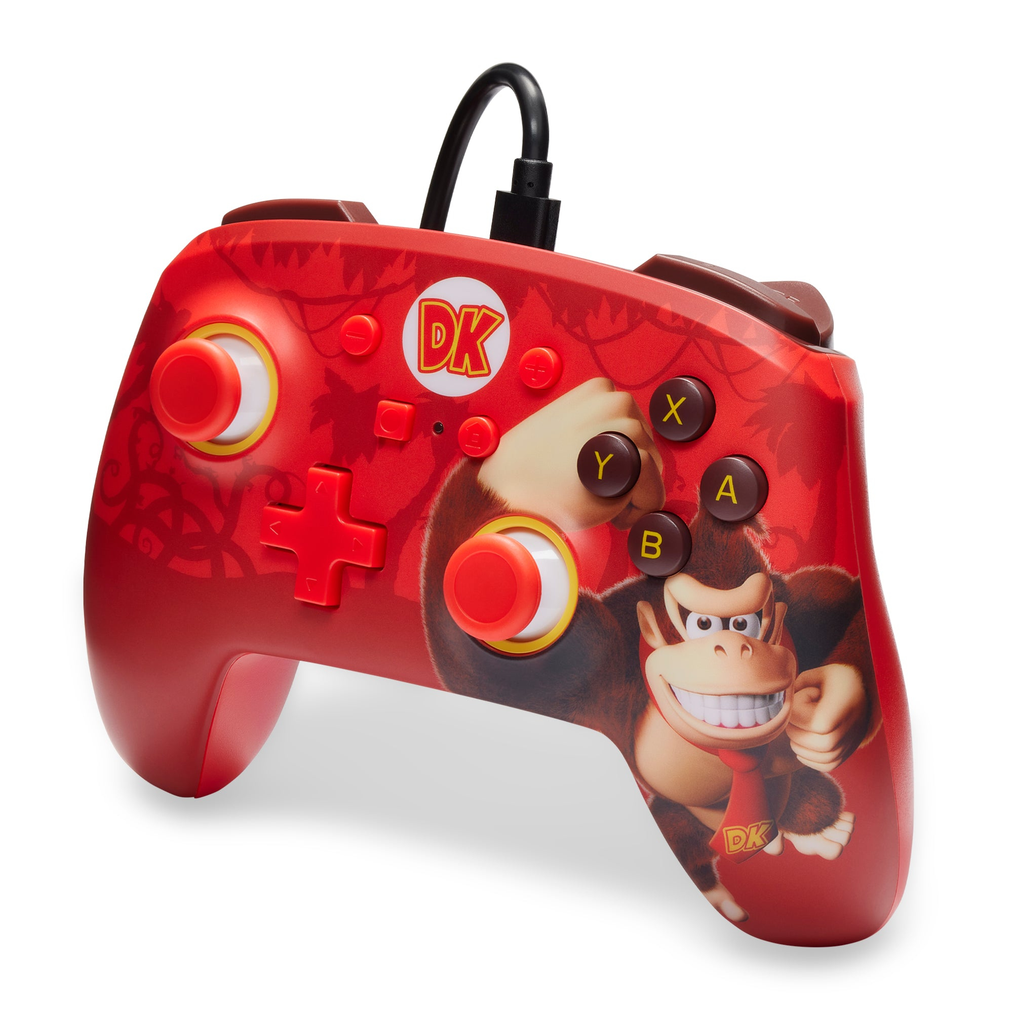 Ein roter Donkey Kong-Gamecontroller mit DK-Logo, roten Tasten und einem schwarzen Kabel.