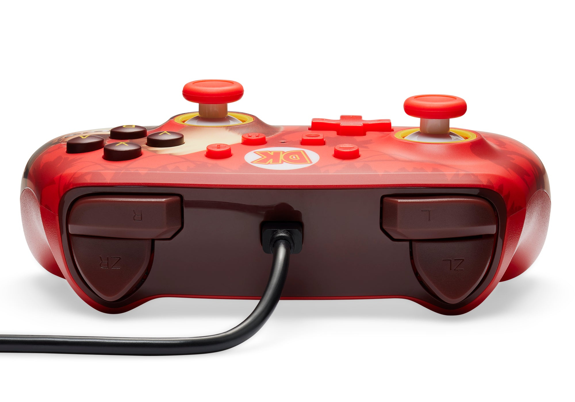 Ein roter und schwarzer Donkey Kong Switch-Controller mit Knöpfen, Joysticks und einem Ladeanschluss.
