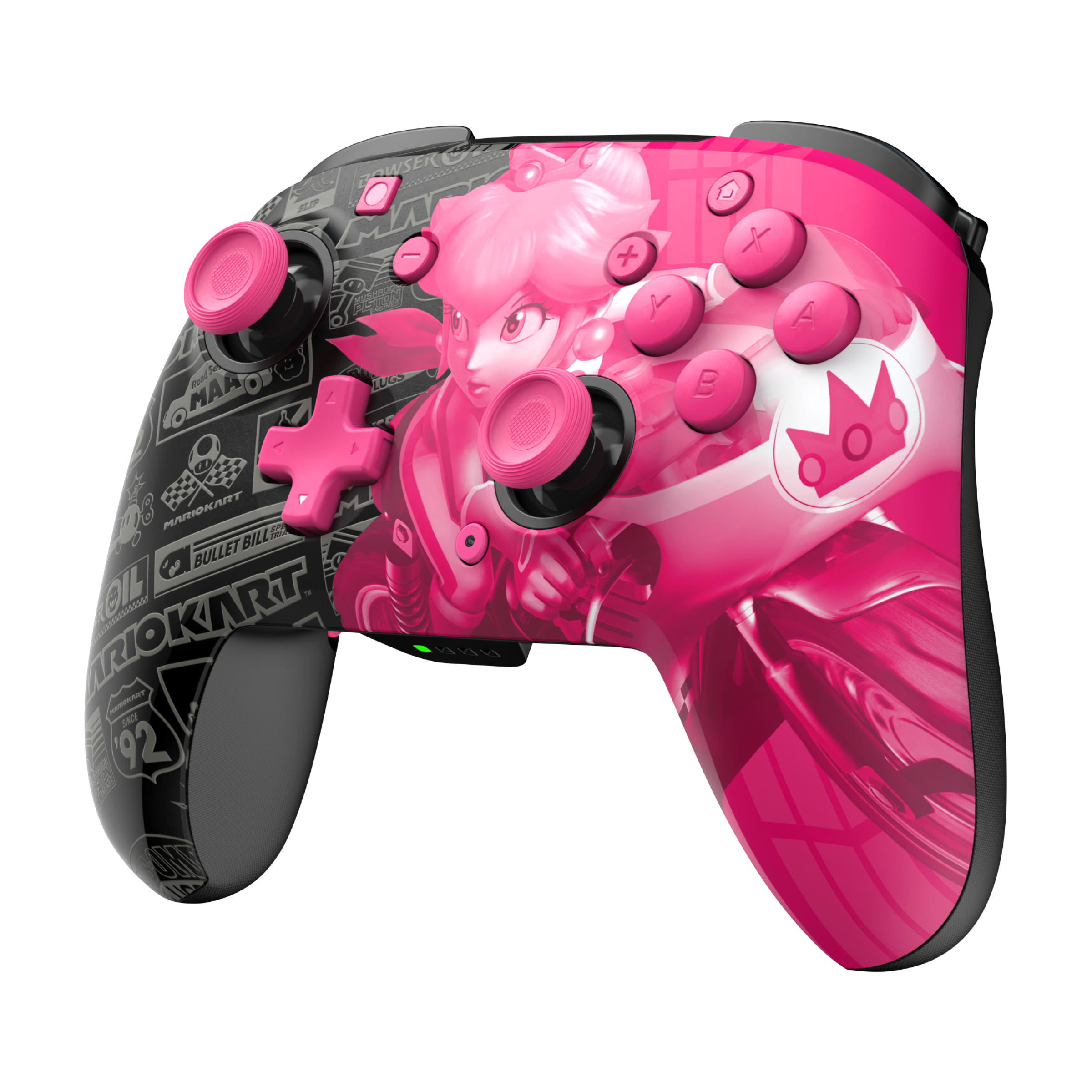 Różowo-czarny kontroler Nintendo Switch z motywem Peach i zielonym światłem na dole.