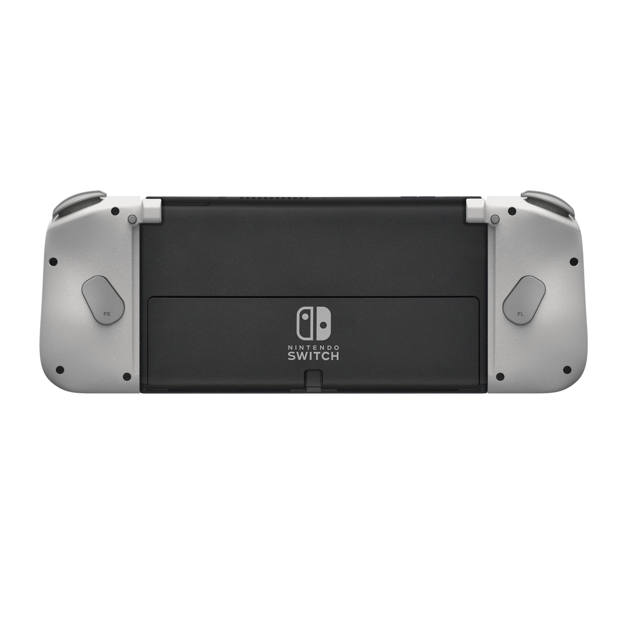 Kontroler Nintendo Switch. Tył jest czarny i srebrny, z logo Nintendo Switch.